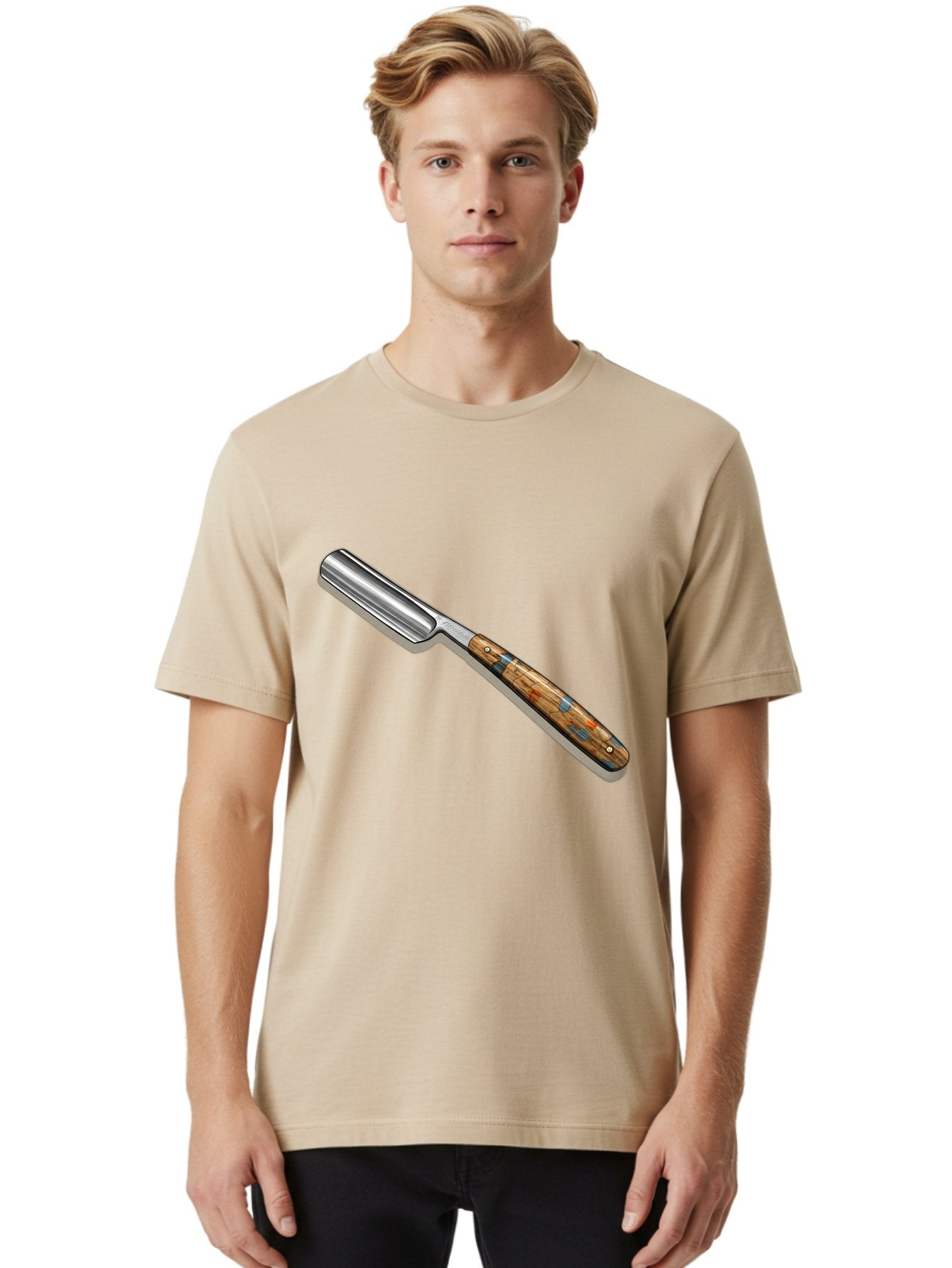 Razor Men'S Graphic Tee, 100% Cotton, Comfortable Casual Summer Wear, Machine Washable, Vintage Straight Razor, Sharp Blade, Wooden Handle, Traditional Shaving, Classic Grooming Tool, Men'S Grooming, Barber Shop Essentials, Close Shave Bad480 26