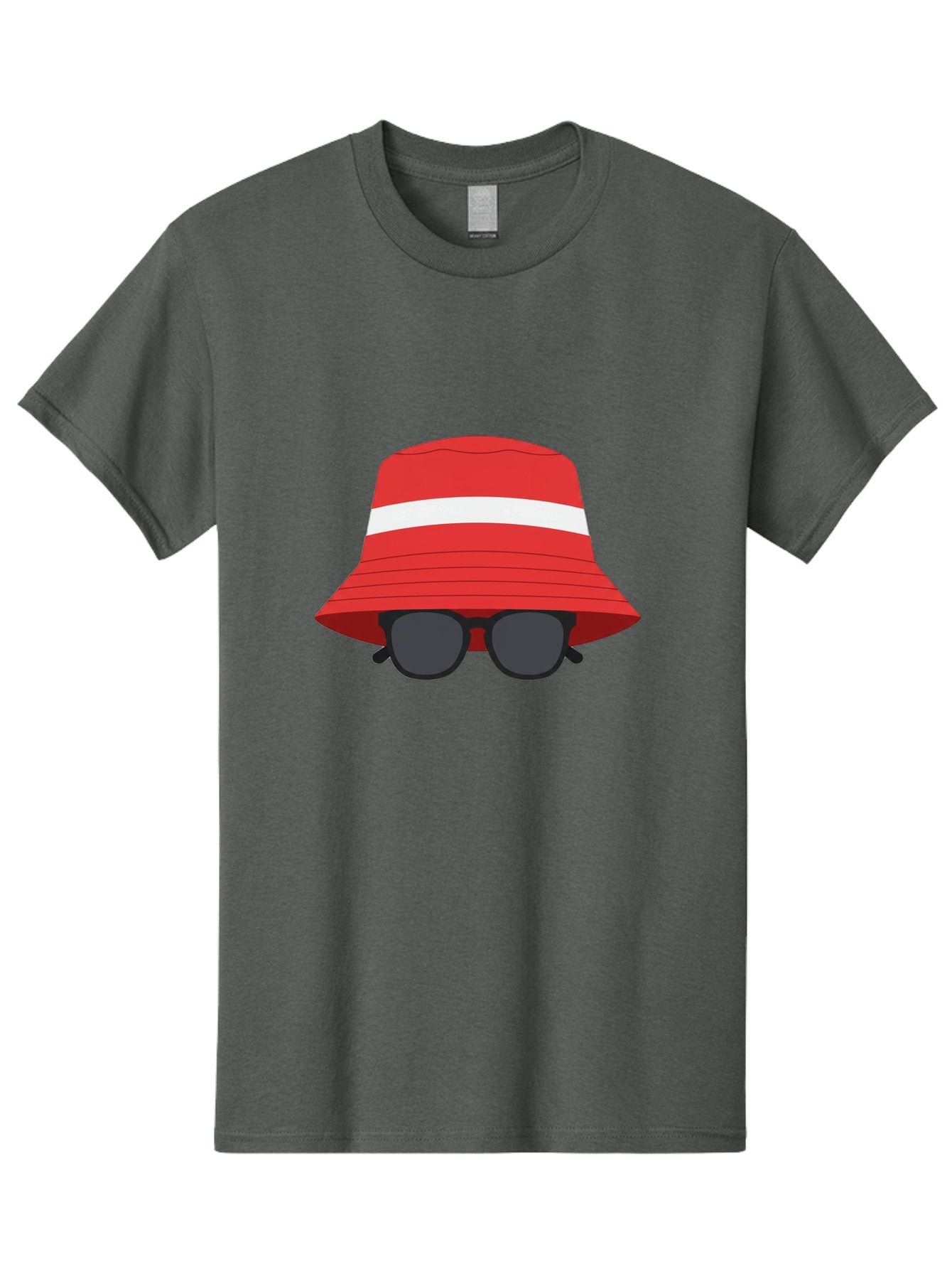 Red-Bucket-Hat-With-Sunglasses Men'S Graphic Tee, 100% Cotton, Comfortable Casual Summer Wear, Machine Washable, Red Bucket Hat, White Stripe, Sunglasses, Summer Fashion, Beachwear, Stylish Accessories, Trendy Outfits, Sunglasses Fashion, Bad483 9