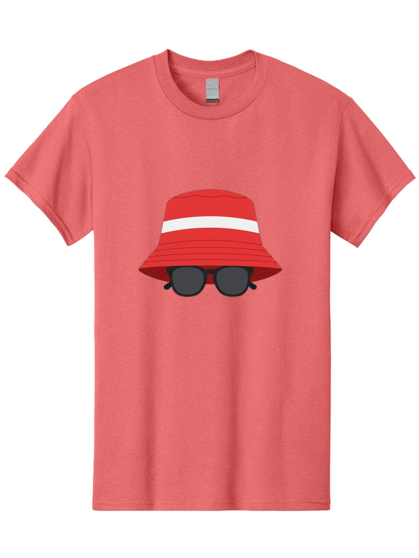 Red-Bucket-Hat-With-Sunglasses Men'S Graphic Tee, 100% Cotton, Comfortable Casual Summer Wear, Machine Washable, Red Bucket Hat, White Stripe, Sunglasses, Summer Fashion, Beachwear, Stylish Accessories, Trendy Outfits, Sunglasses Fashion, Bad483 8