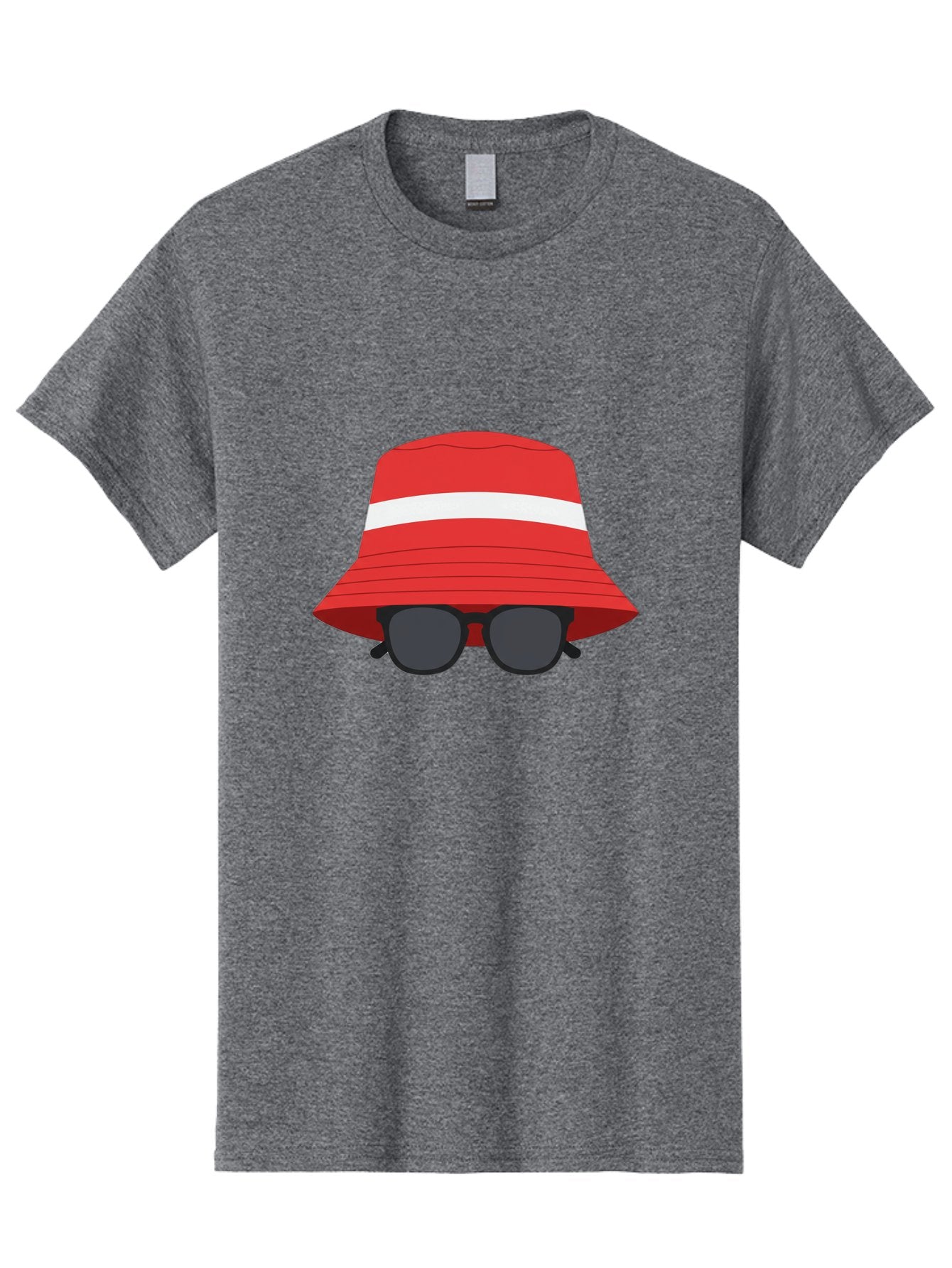 Red-Bucket-Hat-With-Sunglasses Men'S Graphic Tee, 100% Cotton, Comfortable Casual Summer Wear, Machine Washable, Red Bucket Hat, White Stripe, Sunglasses, Summer Fashion, Beachwear, Stylish Accessories, Trendy Outfits, Sunglasses Fashion, Bad483 7