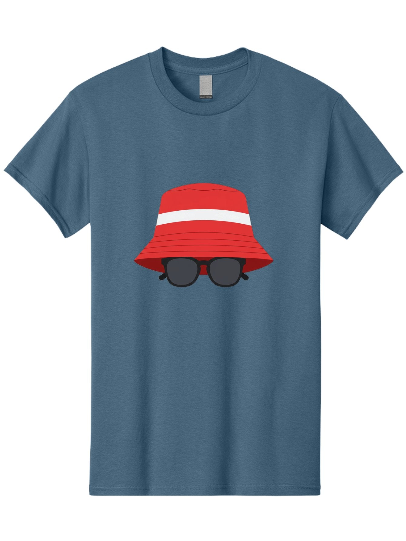 Red-Bucket-Hat-With-Sunglasses Men'S Graphic Tee, 100% Cotton, Comfortable Casual Summer Wear, Machine Washable, Red Bucket Hat, White Stripe, Sunglasses, Summer Fashion, Beachwear, Stylish Accessories, Trendy Outfits, Sunglasses Fashion, Bad483 14