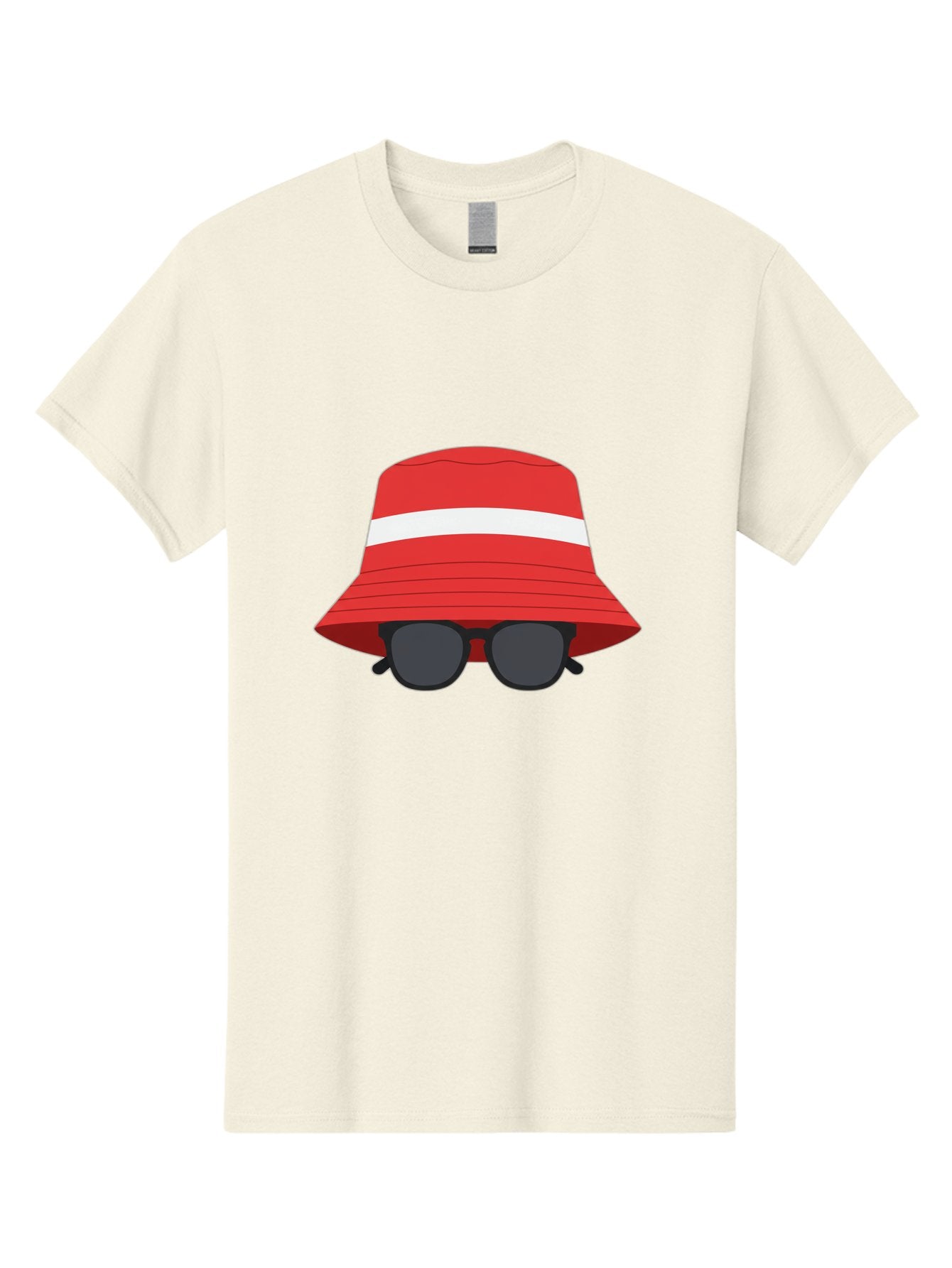 Red-Bucket-Hat-With-Sunglasses Men'S Graphic Tee, 100% Cotton, Comfortable Casual Summer Wear, Machine Washable, Red Bucket Hat, White Stripe, Sunglasses, Summer Fashion, Beachwear, Stylish Accessories, Trendy Outfits, Sunglasses Fashion, Bad483 12
