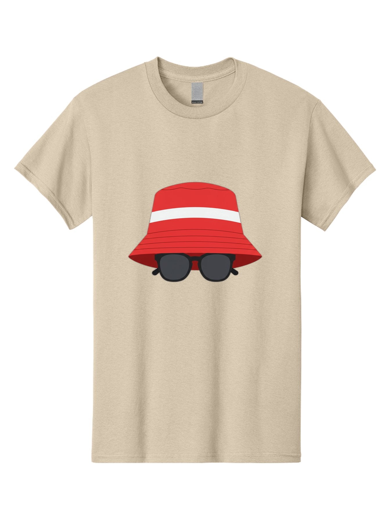 Red-Bucket-Hat-With-Sunglasses Men'S Graphic Tee, 100% Cotton, Comfortable Casual Summer Wear, Machine Washable, Red Bucket Hat, White Stripe, Sunglasses, Summer Fashion, Beachwear, Stylish Accessories, Trendy Outfits, Sunglasses Fashion, Bad483