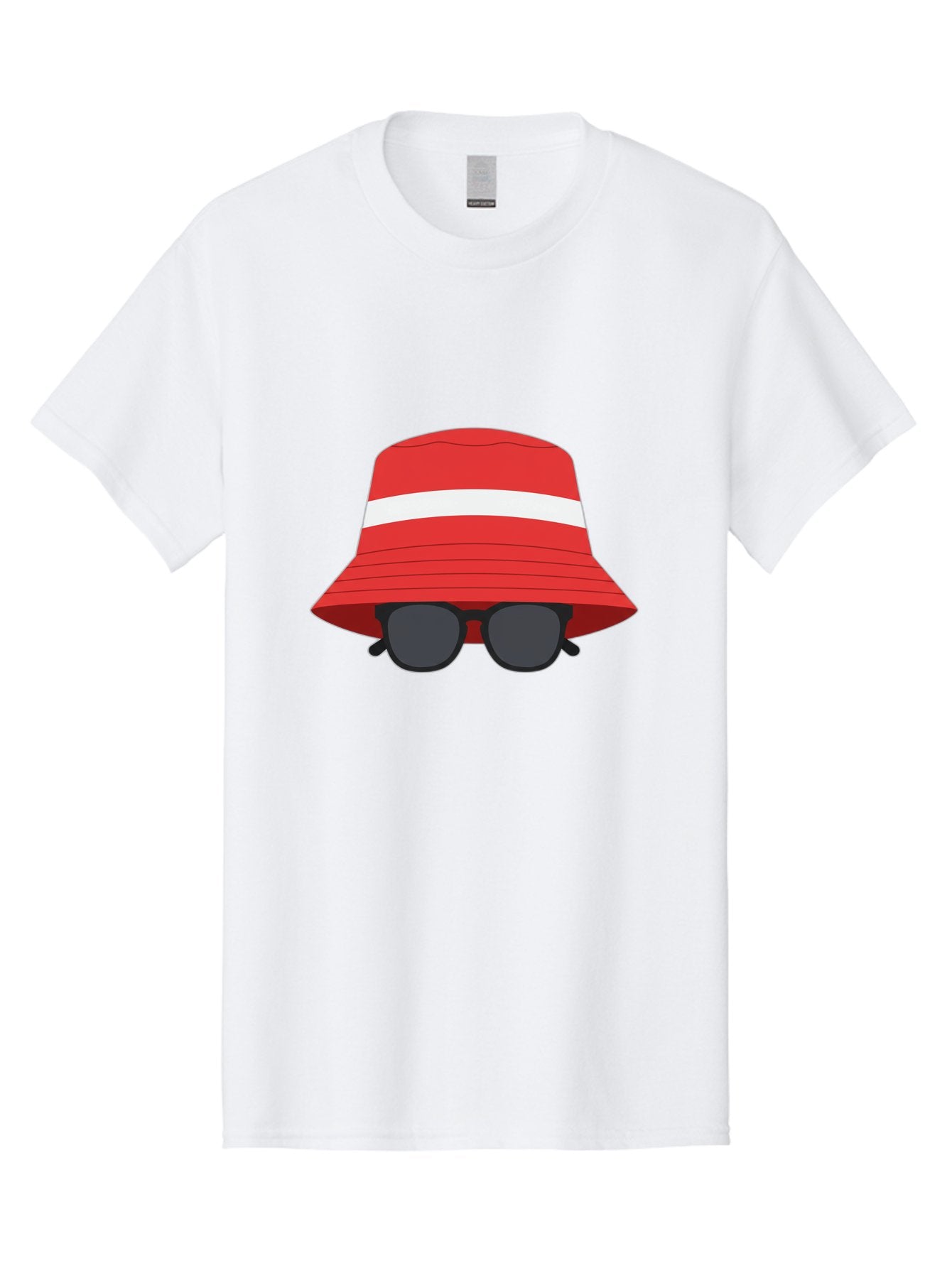 Red-Bucket-Hat-With-Sunglasses Men'S Graphic Tee, 100% Cotton, Comfortable Casual Summer Wear, Machine Washable, Red Bucket Hat, White Stripe, Sunglasses, Summer Fashion, Beachwear, Stylish Accessories, Trendy Outfits, Sunglasses Fashion, Bad483 6