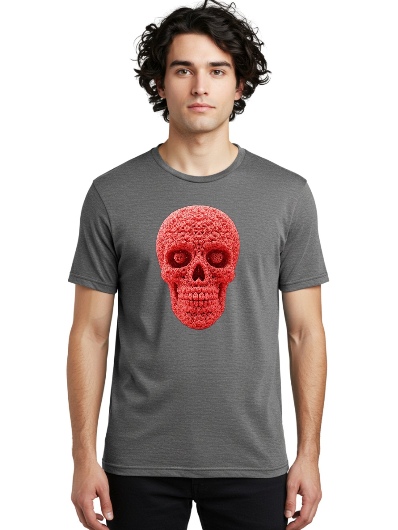 Red-Crochet-Skull Men'S Graphic Tee, 100% Cotton, Comfortable Casual Summer Wear, Machine Washable, Strawberry Skull, Red Fruit, Sugar Skull, Food Art, Creative Dessert, Skull Design, Vibrant Red Color, Unique Food Styling Bad484 29