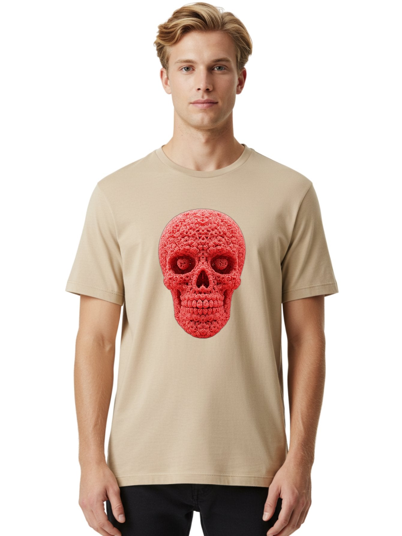 Red-Crochet-Skull Men'S Graphic Tee, 100% Cotton, Comfortable Casual Summer Wear, Machine Washable, Strawberry Skull, Red Fruit, Sugar Skull, Food Art, Creative Dessert, Skull Design, Vibrant Red Color, Unique Food Styling Bad484 24