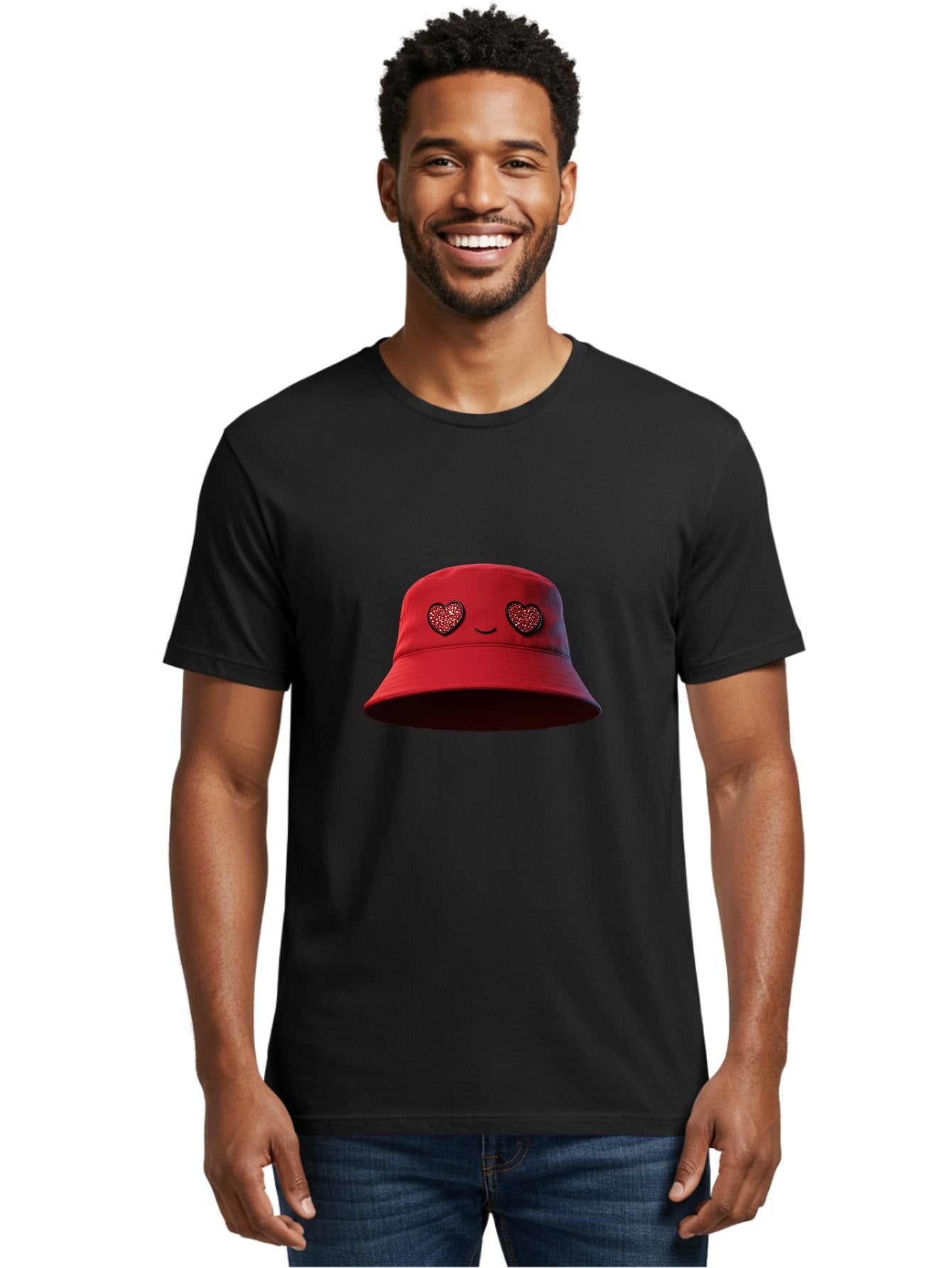 Red-Hat Men'S Graphic Tee, 100% Cotton, Comfortable Casual Summer Wear, Machine Washable, Red Bucket Hat, Heart Eyes, Smiley Face, Fashion Accessory, Streetwear, Casual Style, Hat With Heart Design, Trendy Headwear, Kawaii Fashion Bad485 18