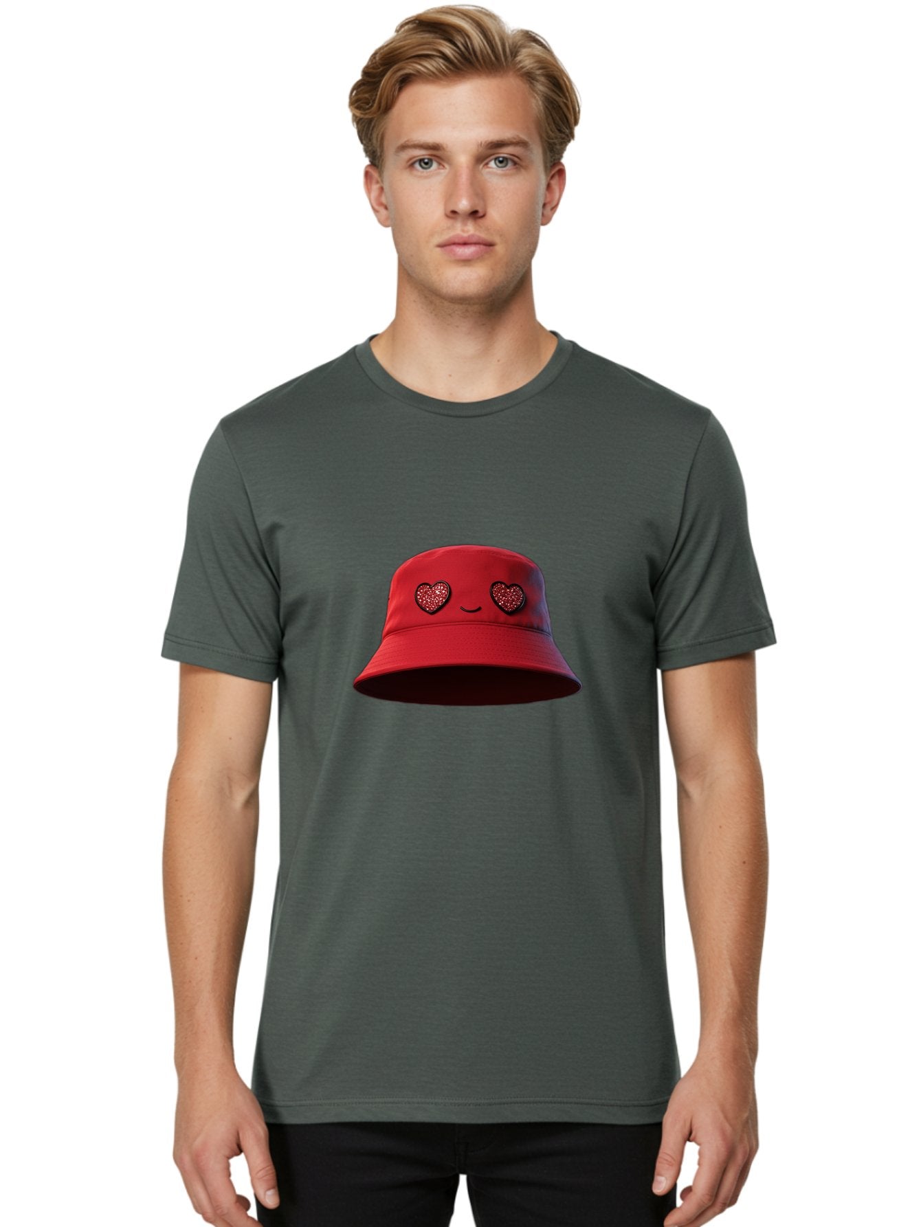 Red-Hat Men'S Graphic Tee, 100% Cotton, Comfortable Casual Summer Wear, Machine Washable, Red Bucket Hat, Heart Eyes, Smiley Face, Fashion Accessory, Streetwear, Casual Style, Hat With Heart Design, Trendy Headwear, Kawaii Fashion Bad485 27
