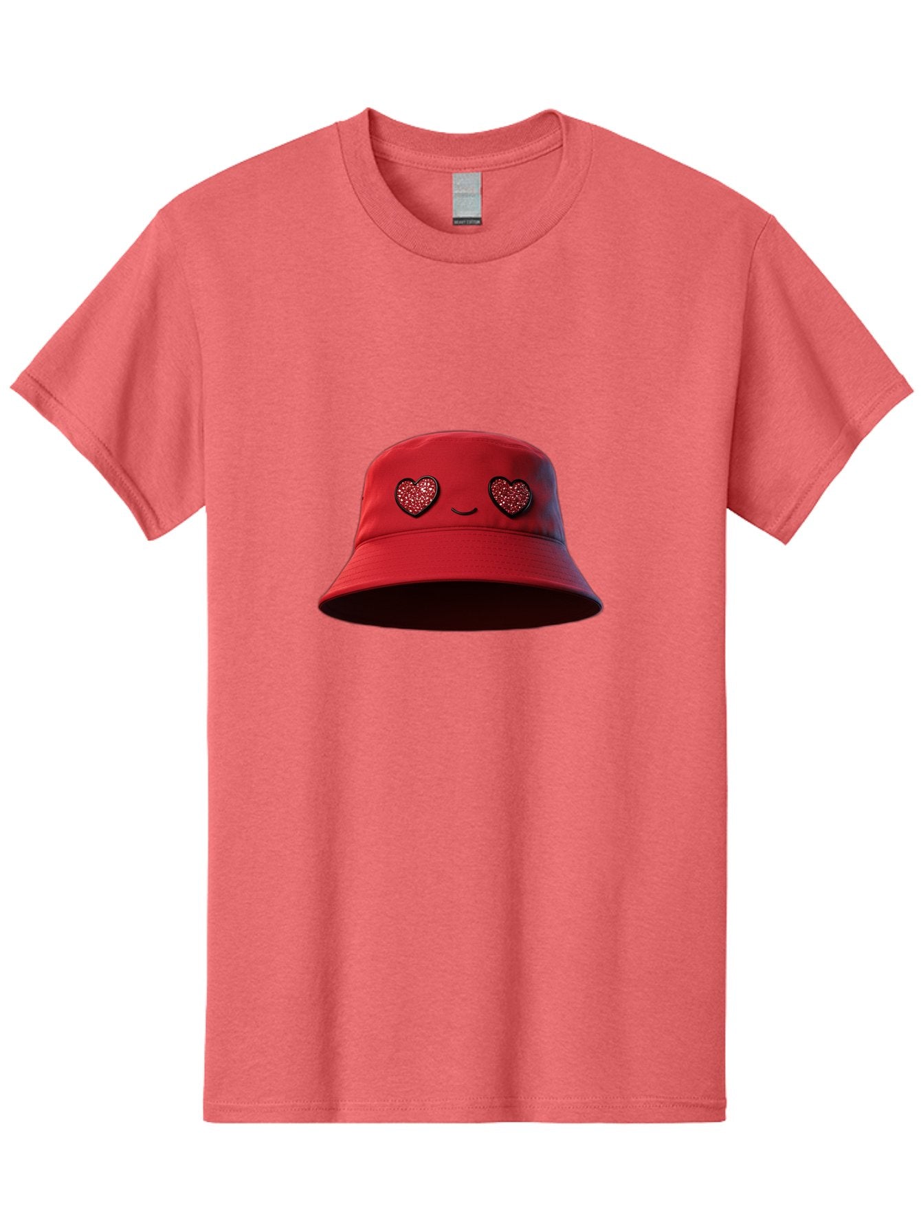 Red-Hat Men'S Graphic Tee, 100% Cotton, Comfortable Casual Summer Wear, Machine Washable, Red Bucket Hat, Heart Eyes, Smiley Face, Fashion Accessory, Streetwear, Casual Style, Hat With Heart Design, Trendy Headwear, Kawaii Fashion Bad485