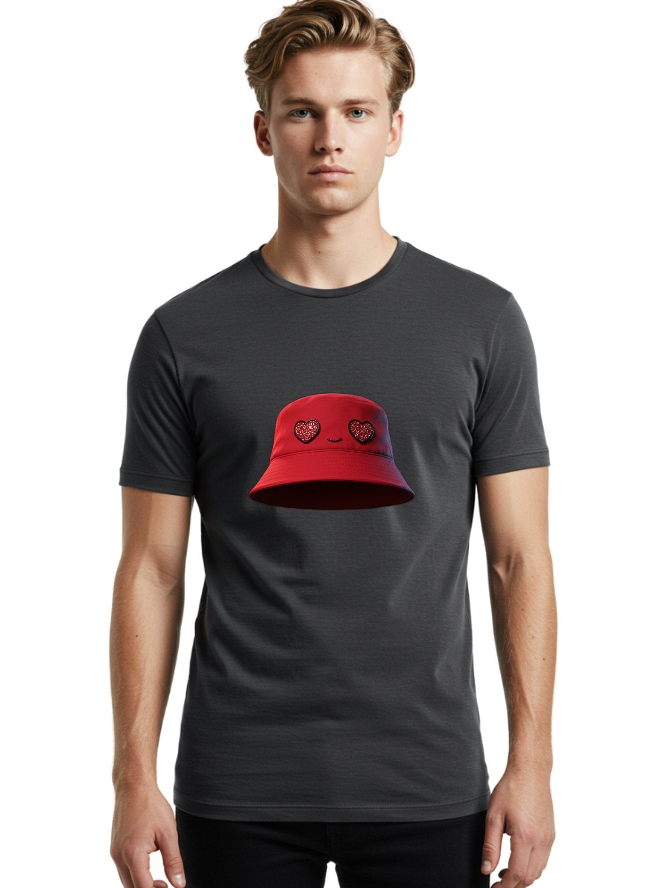 Red-Hat Men'S Graphic Tee, 100% Cotton, Comfortable Casual Summer Wear, Machine Washable, Red Bucket Hat, Heart Eyes, Smiley Face, Fashion Accessory, Streetwear, Casual Style, Hat With Heart Design, Trendy Headwear, Kawaii Fashion Bad485 29