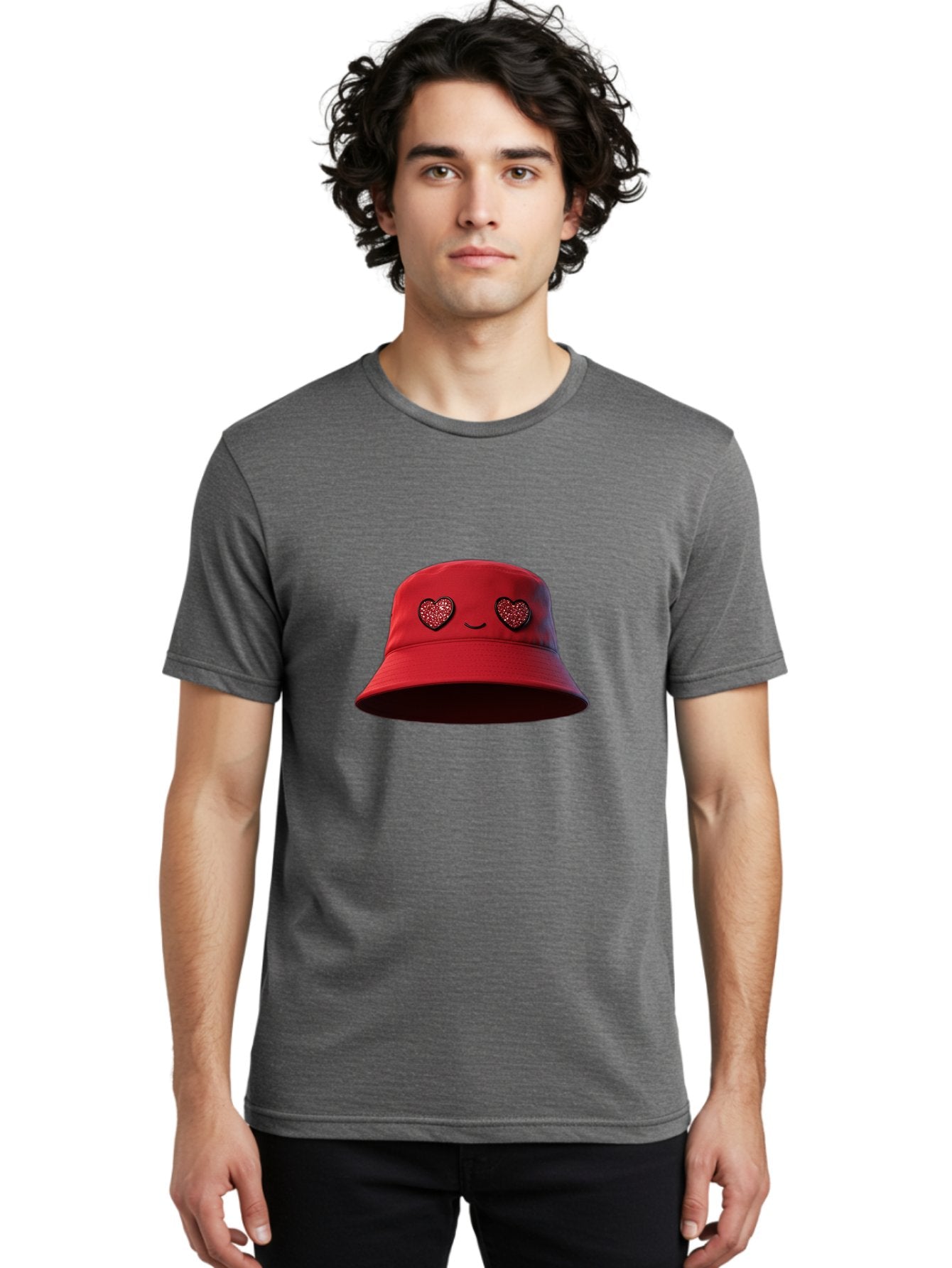Red-Hat Men'S Graphic Tee, 100% Cotton, Comfortable Casual Summer Wear, Machine Washable, Red Bucket Hat, Heart Eyes, Smiley Face, Fashion Accessory, Streetwear, Casual Style, Hat With Heart Design, Trendy Headwear, Kawaii Fashion Bad485 28