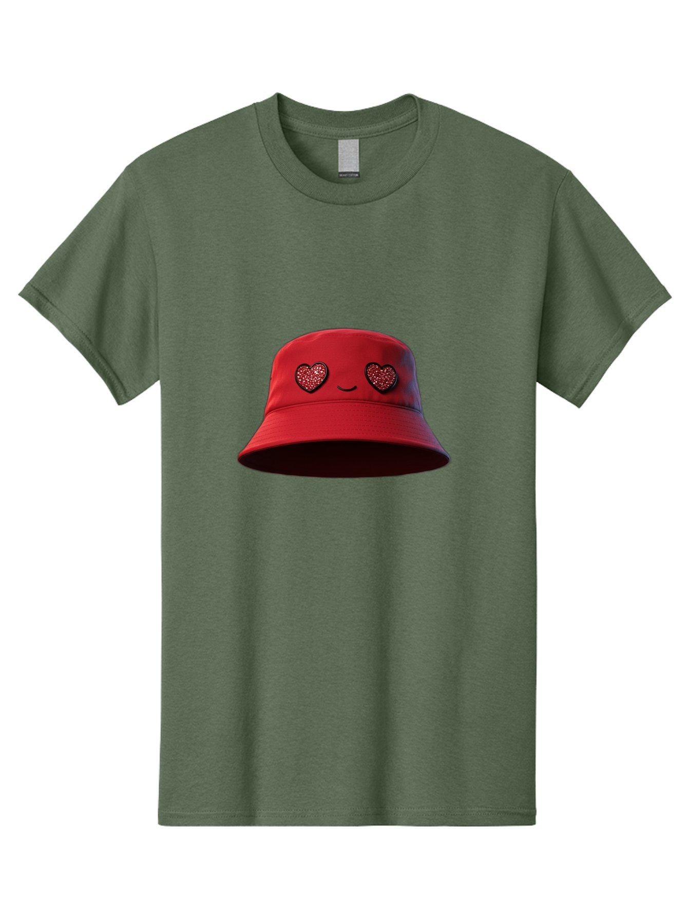 Red-Hat Men'S Graphic Tee, 100% Cotton, Comfortable Casual Summer Wear, Machine Washable, Red Bucket Hat, Heart Eyes, Smiley Face, Fashion Accessory, Streetwear, Casual Style, Hat With Heart Design, Trendy Headwear, Kawaii Fashion Bad485