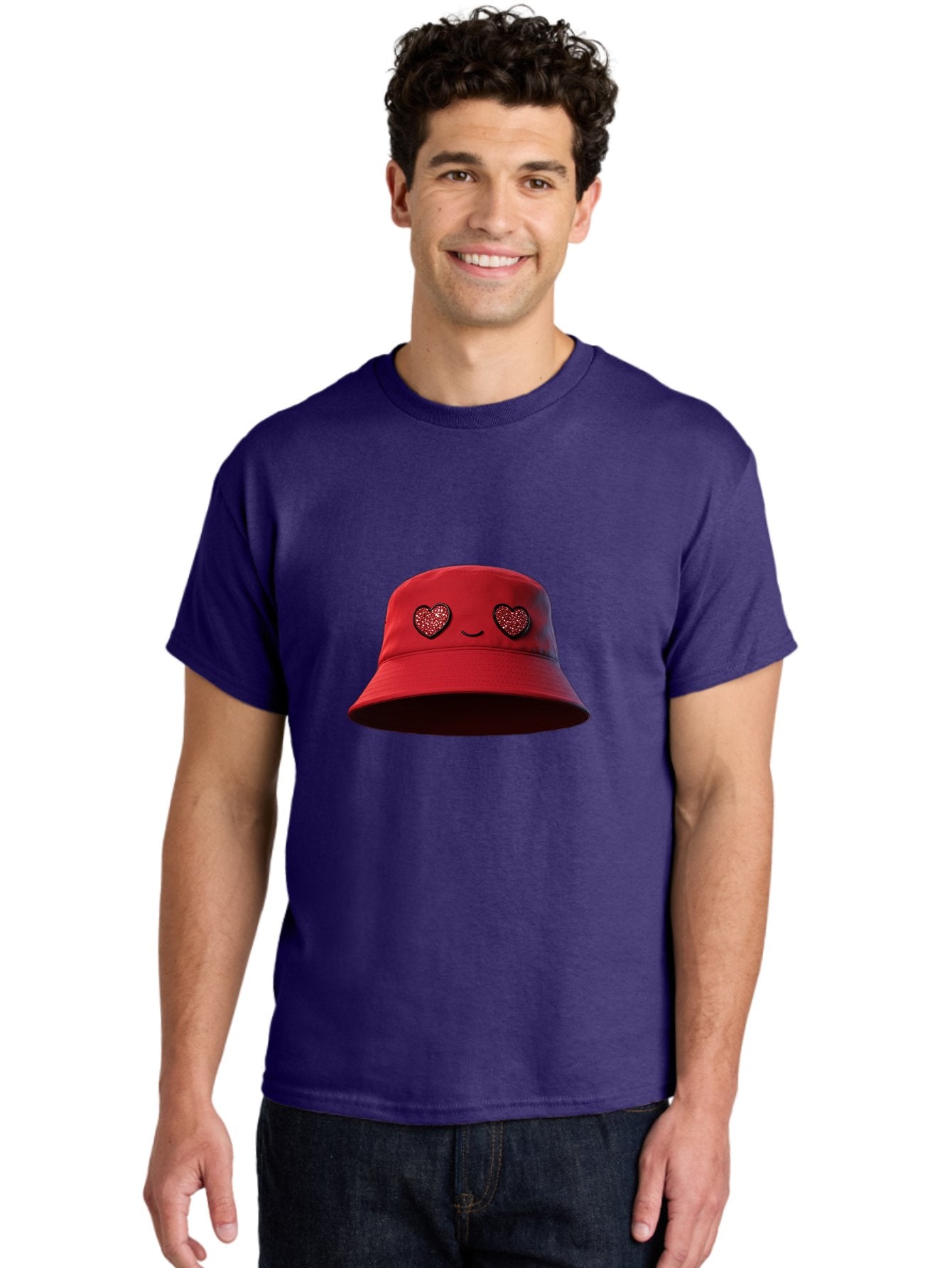 Red-Hat Men'S Graphic Tee, 100% Cotton, Comfortable Casual Summer Wear, Machine Washable, Red Bucket Hat, Heart Eyes, Smiley Face, Fashion Accessory, Streetwear, Casual Style, Hat With Heart Design, Trendy Headwear, Kawaii Fashion Bad485 24