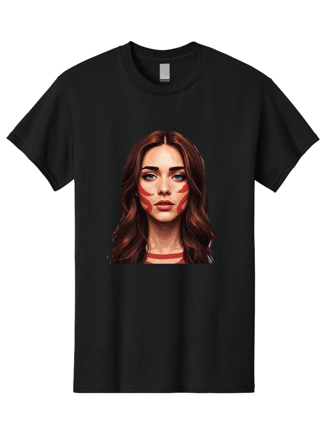 Red-Warrior-Woman Men'S Graphic Tee, 100% Cotton, Comfortable Casual Summer Wear, Machine Washable, Digital Art, Portrait Of A Woman, Red Stripes On Face, Blue Eyes, Long Brown Hair, Red Choker, Bold Makeup, Artistic Expression, Bad487 5