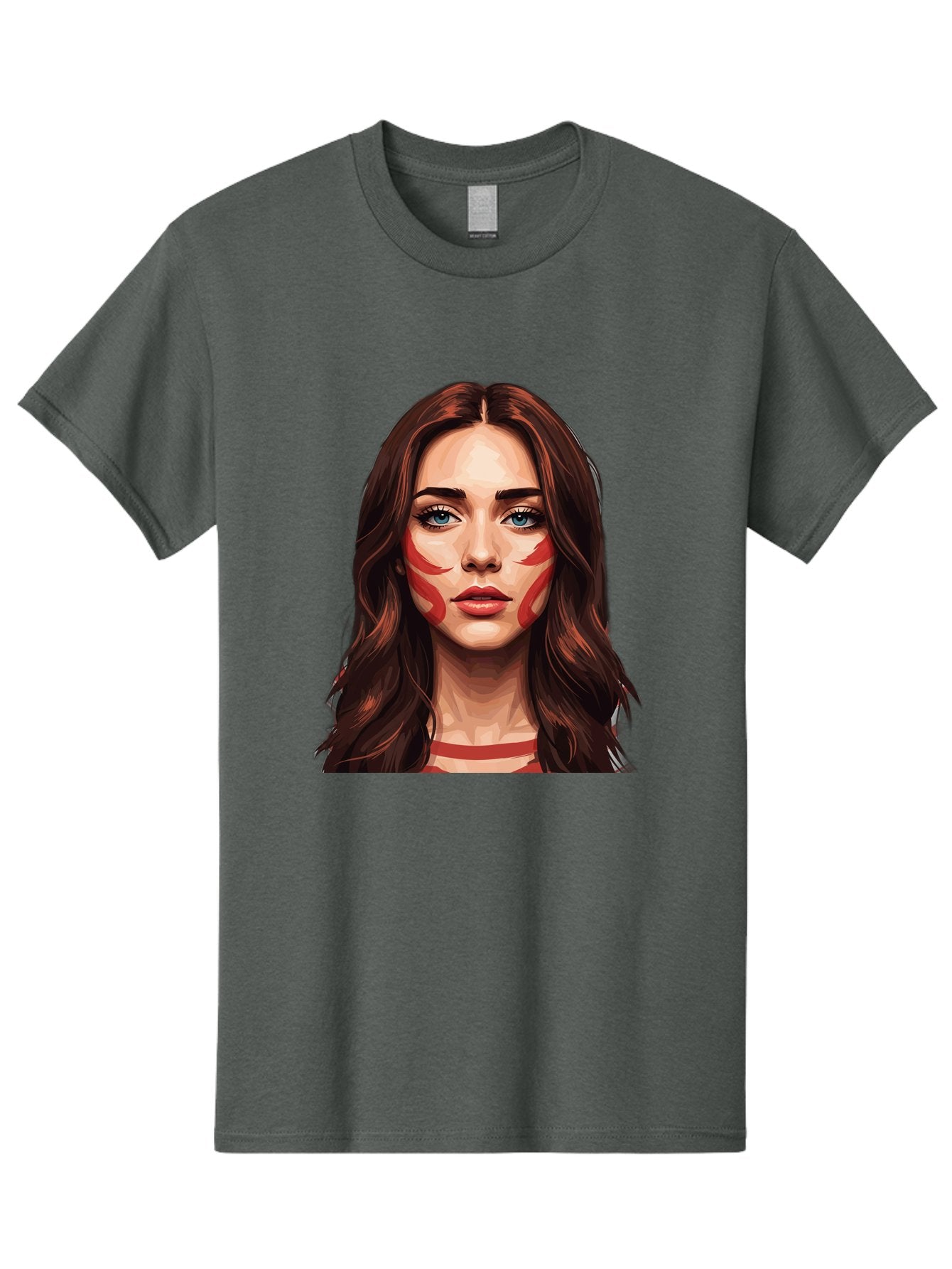 Red-Warrior-Woman Men'S Graphic Tee, 100% Cotton, Comfortable Casual Summer Wear, Machine Washable, Digital Art, Portrait Of A Woman, Red Stripes On Face, Blue Eyes, Long Brown Hair, Red Choker, Bold Makeup, Artistic Expression, Bad487 10