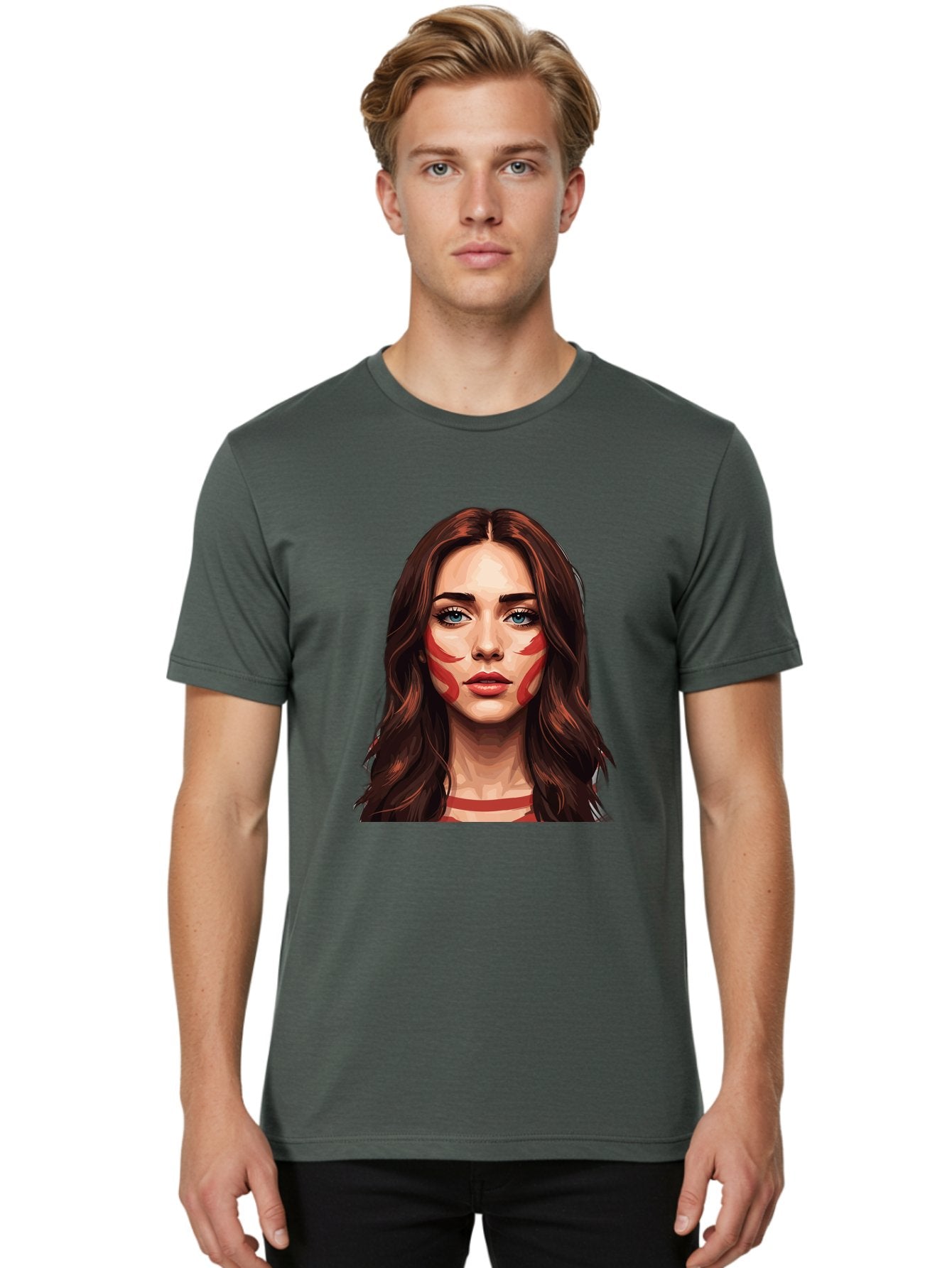 Red-Warrior-Woman Men'S Graphic Tee, 100% Cotton, Comfortable Casual Summer Wear, Machine Washable, Digital Art, Portrait Of A Woman, Red Stripes On Face, Blue Eyes, Long Brown Hair, Red Choker, Bold Makeup, Artistic Expression, Bad487 17
