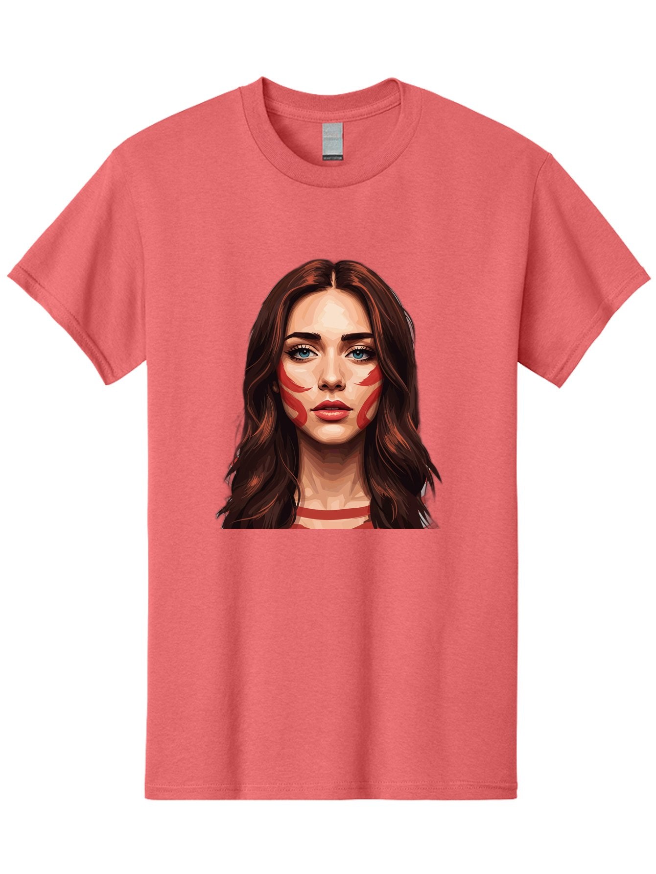 Red-Warrior-Woman Men'S Graphic Tee, 100% Cotton, Comfortable Casual Summer Wear, Machine Washable, Digital Art, Portrait Of A Woman, Red Stripes On Face, Blue Eyes, Long Brown Hair, Red Choker, Bold Makeup, Artistic Expression, Bad487 9