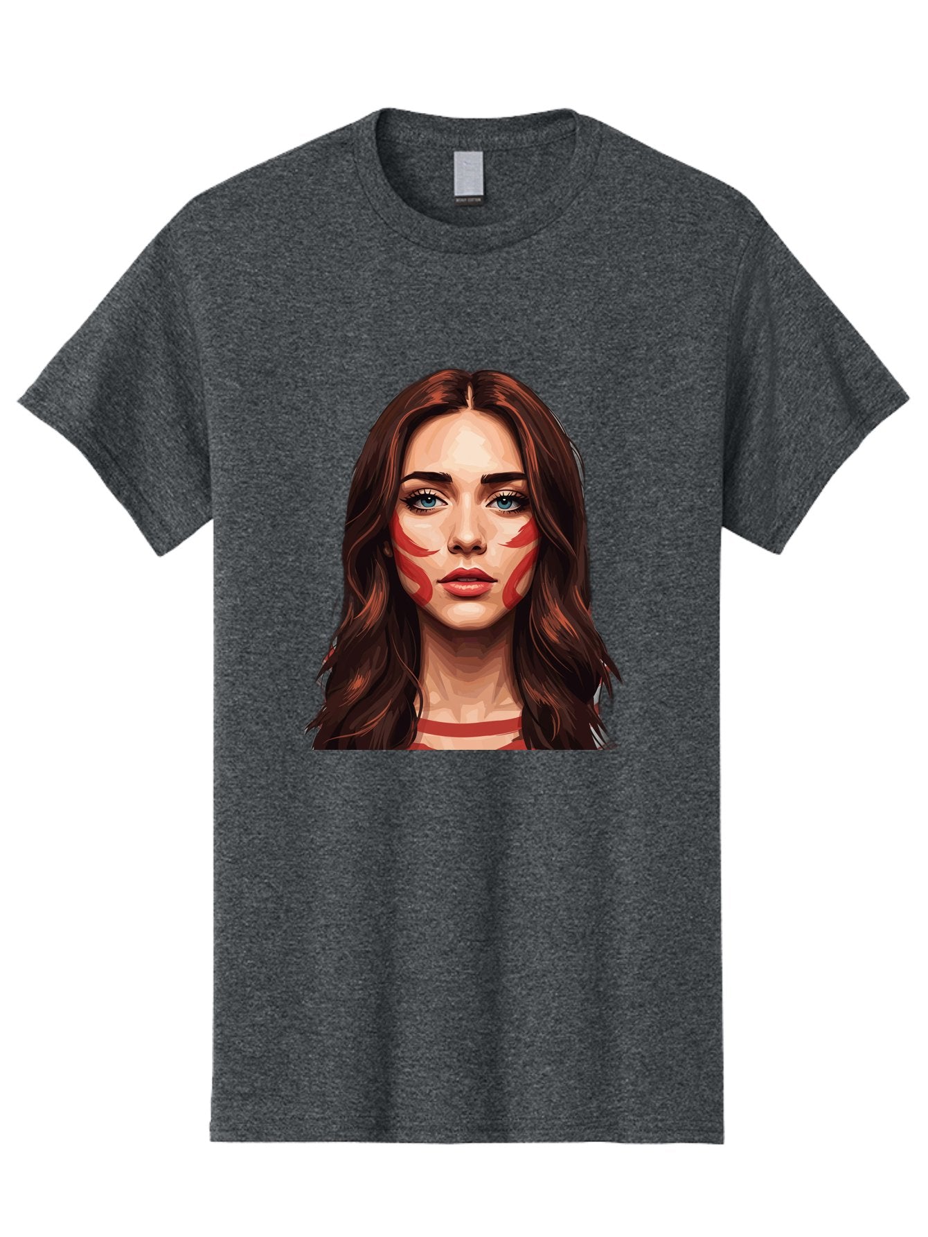 Red-Warrior-Woman Men'S Graphic Tee, 100% Cotton, Comfortable Casual Summer Wear, Machine Washable, Digital Art, Portrait Of A Woman, Red Stripes On Face, Blue Eyes, Long Brown Hair, Red Choker, Bold Makeup, Artistic Expression, Bad487 11