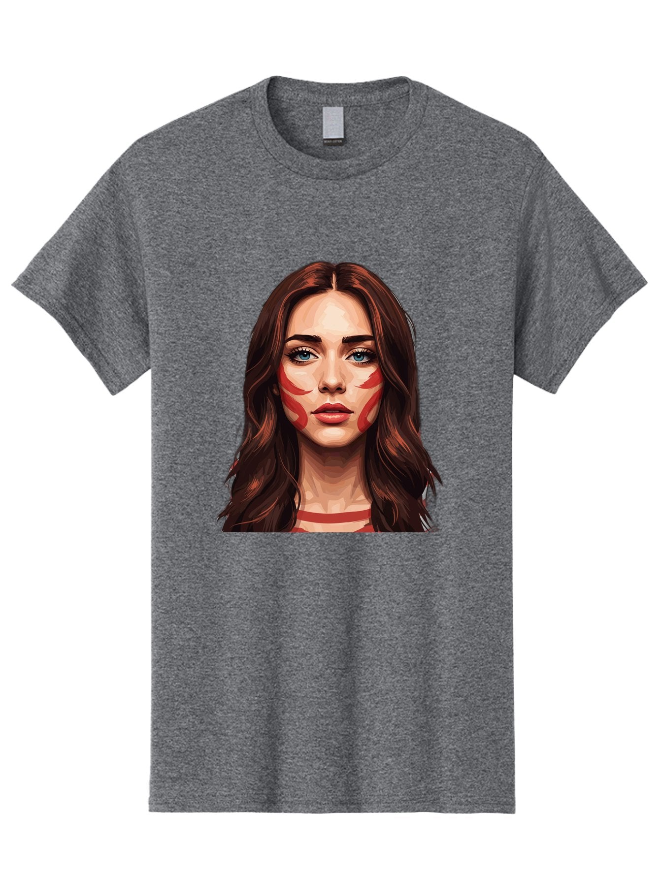 Red-Warrior-Woman Men'S Graphic Tee, 100% Cotton, Comfortable Casual Summer Wear, Machine Washable, Digital Art, Portrait Of A Woman, Red Stripes On Face, Blue Eyes, Long Brown Hair, Red Choker, Bold Makeup, Artistic Expression, Bad487 3