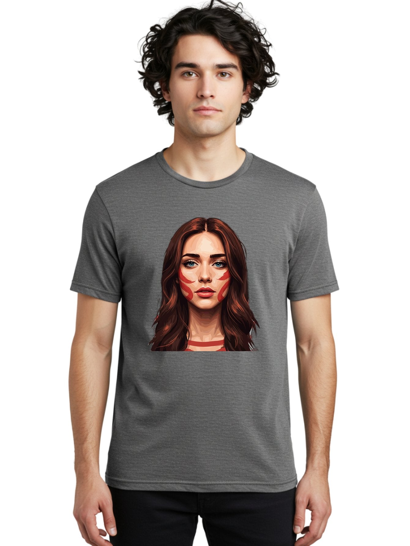 Red-Warrior-Woman Men'S Graphic Tee, 100% Cotton, Comfortable Casual Summer Wear, Machine Washable, Digital Art, Portrait Of A Woman, Red Stripes On Face, Blue Eyes, Long Brown Hair, Red Choker, Bold Makeup, Artistic Expression, Bad487 22