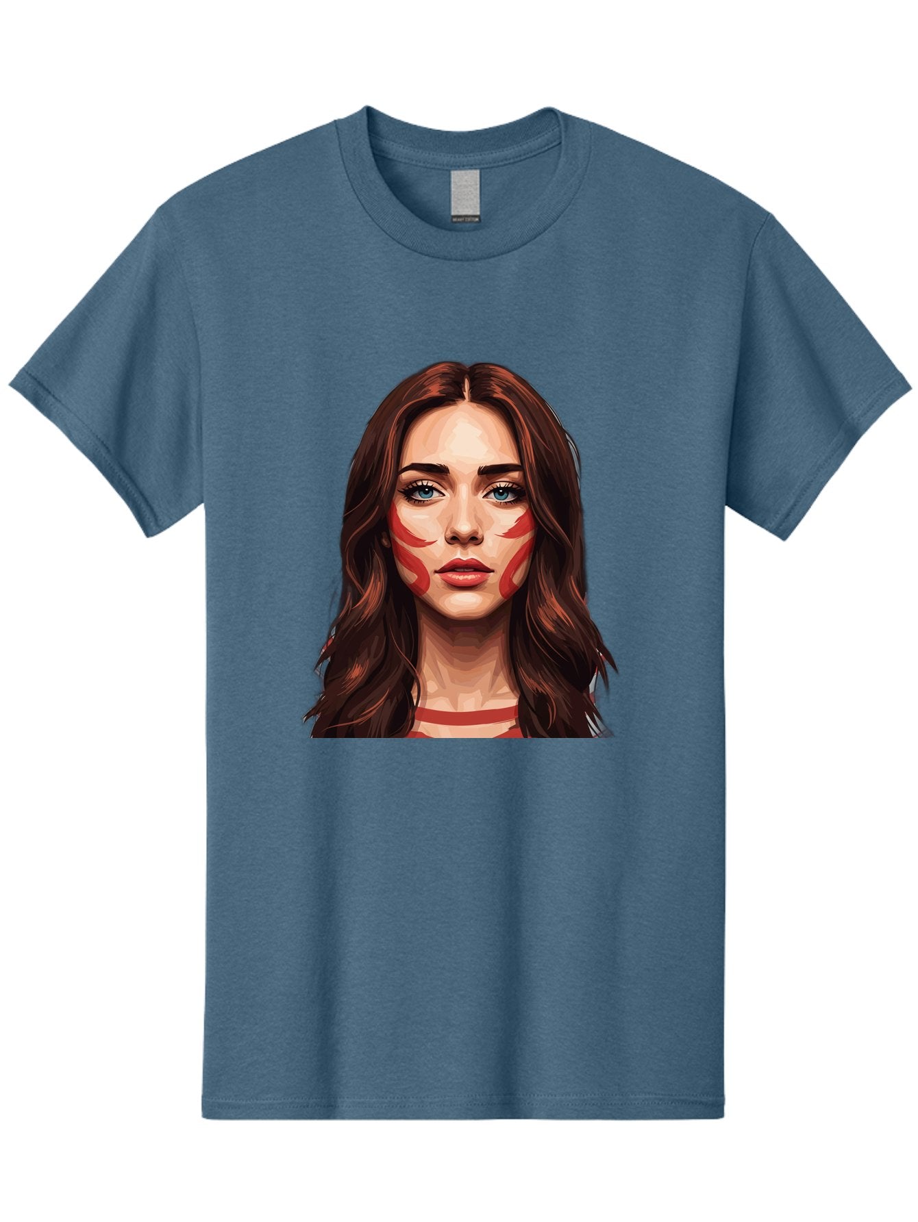 Red-Warrior-Woman Men'S Graphic Tee, 100% Cotton, Comfortable Casual Summer Wear, Machine Washable, Digital Art, Portrait Of A Woman, Red Stripes On Face, Blue Eyes, Long Brown Hair, Red Choker, Bold Makeup, Artistic Expression, Bad487 12