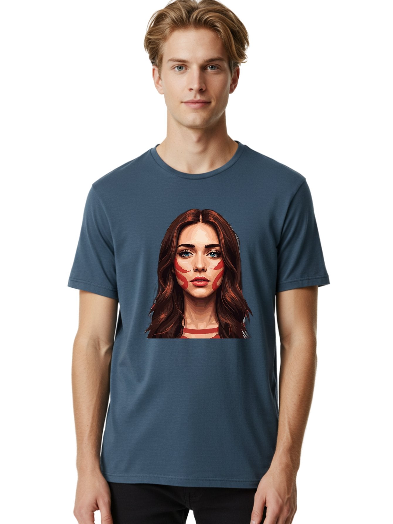 Red-Warrior-Woman Men'S Graphic Tee, 100% Cotton, Comfortable Casual Summer Wear, Machine Washable, Digital Art, Portrait Of A Woman, Red Stripes On Face, Blue Eyes, Long Brown Hair, Red Choker, Bold Makeup, Artistic Expression, Bad487 28