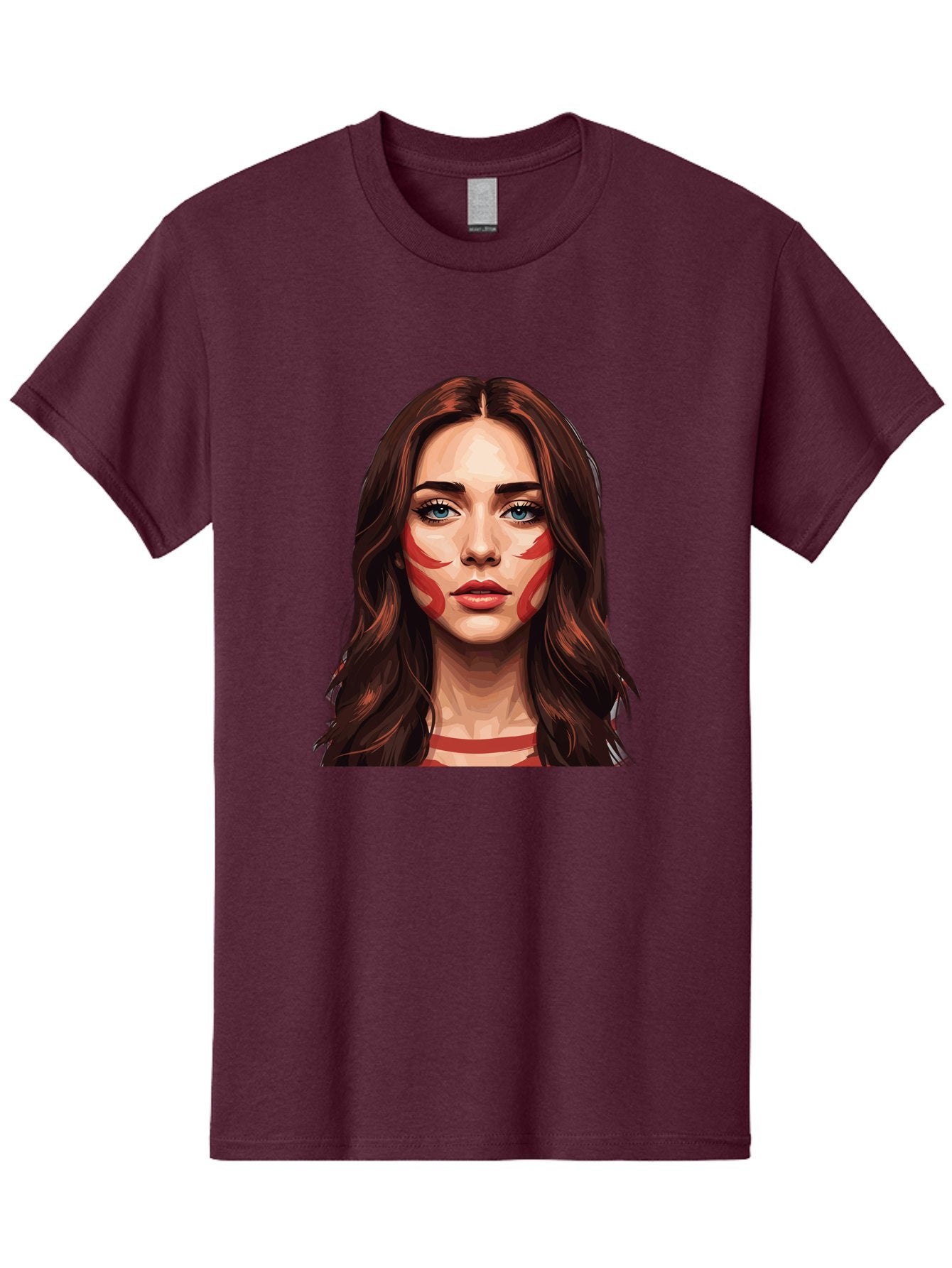 Red-Warrior-Woman Men'S Graphic Tee, 100% Cotton, Comfortable Casual Summer Wear, Machine Washable, Digital Art, Portrait Of A Woman, Red Stripes On Face, Blue Eyes, Long Brown Hair, Red Choker, Bold Makeup, Artistic Expression, Bad487 7