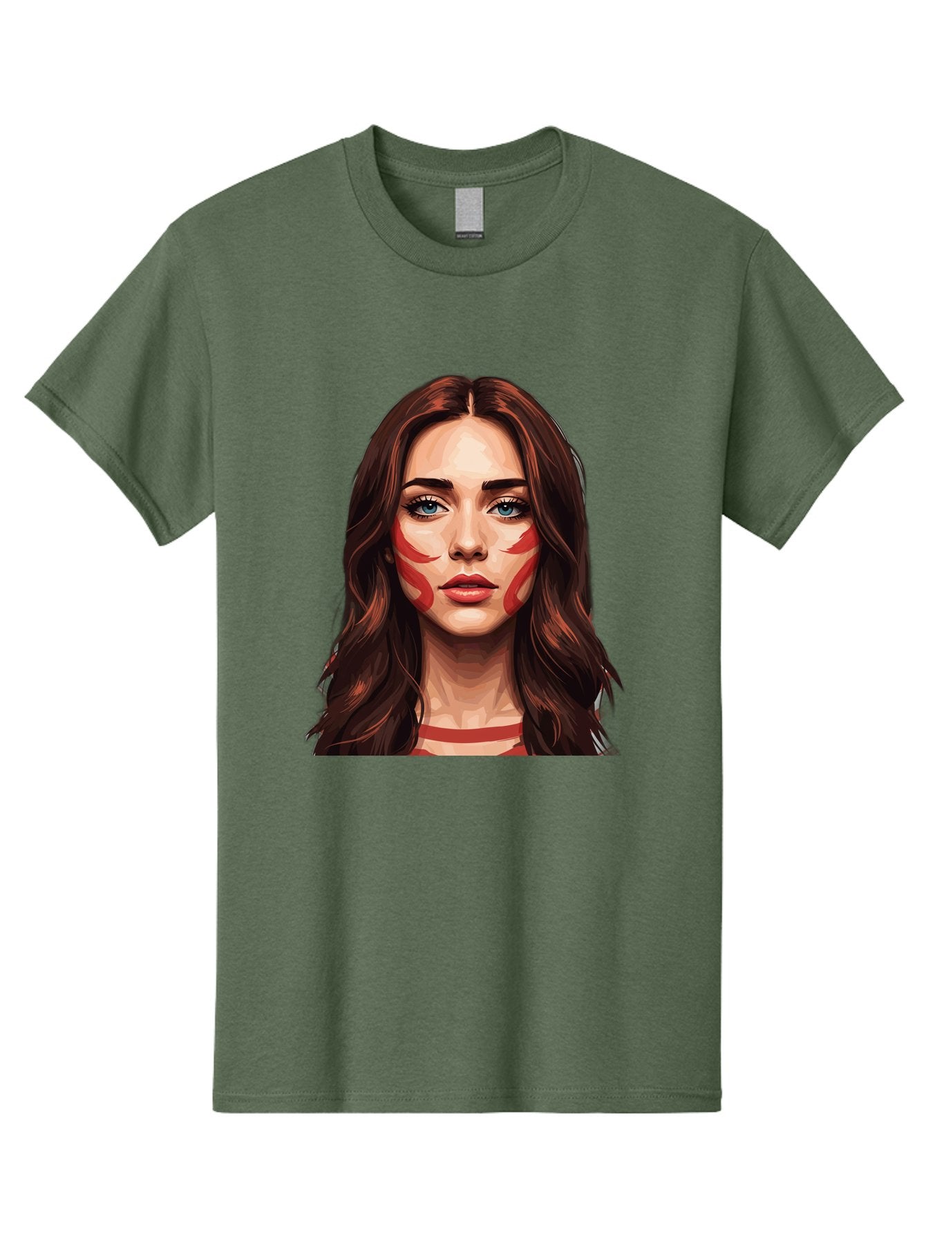 Red-Warrior-Woman Men'S Graphic Tee, 100% Cotton, Comfortable Casual Summer Wear, Machine Washable, Digital Art, Portrait Of A Woman, Red Stripes On Face, Blue Eyes, Long Brown Hair, Red Choker, Bold Makeup, Artistic Expression, Bad487