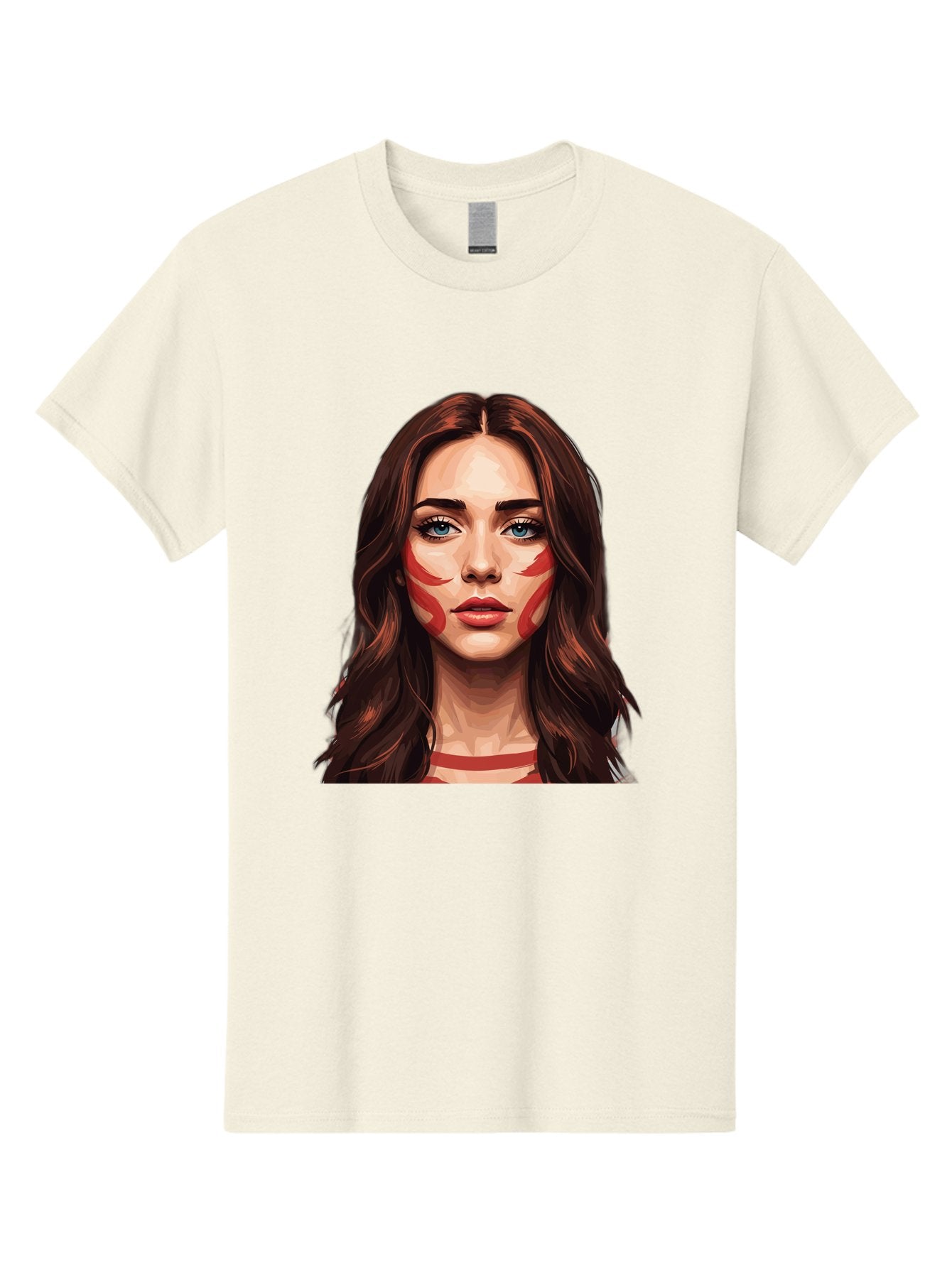 Red-Warrior-Woman Men'S Graphic Tee, 100% Cotton, Comfortable Casual Summer Wear, Machine Washable, Digital Art, Portrait Of A Woman, Red Stripes On Face, Blue Eyes, Long Brown Hair, Red Choker, Bold Makeup, Artistic Expression, Bad487 13