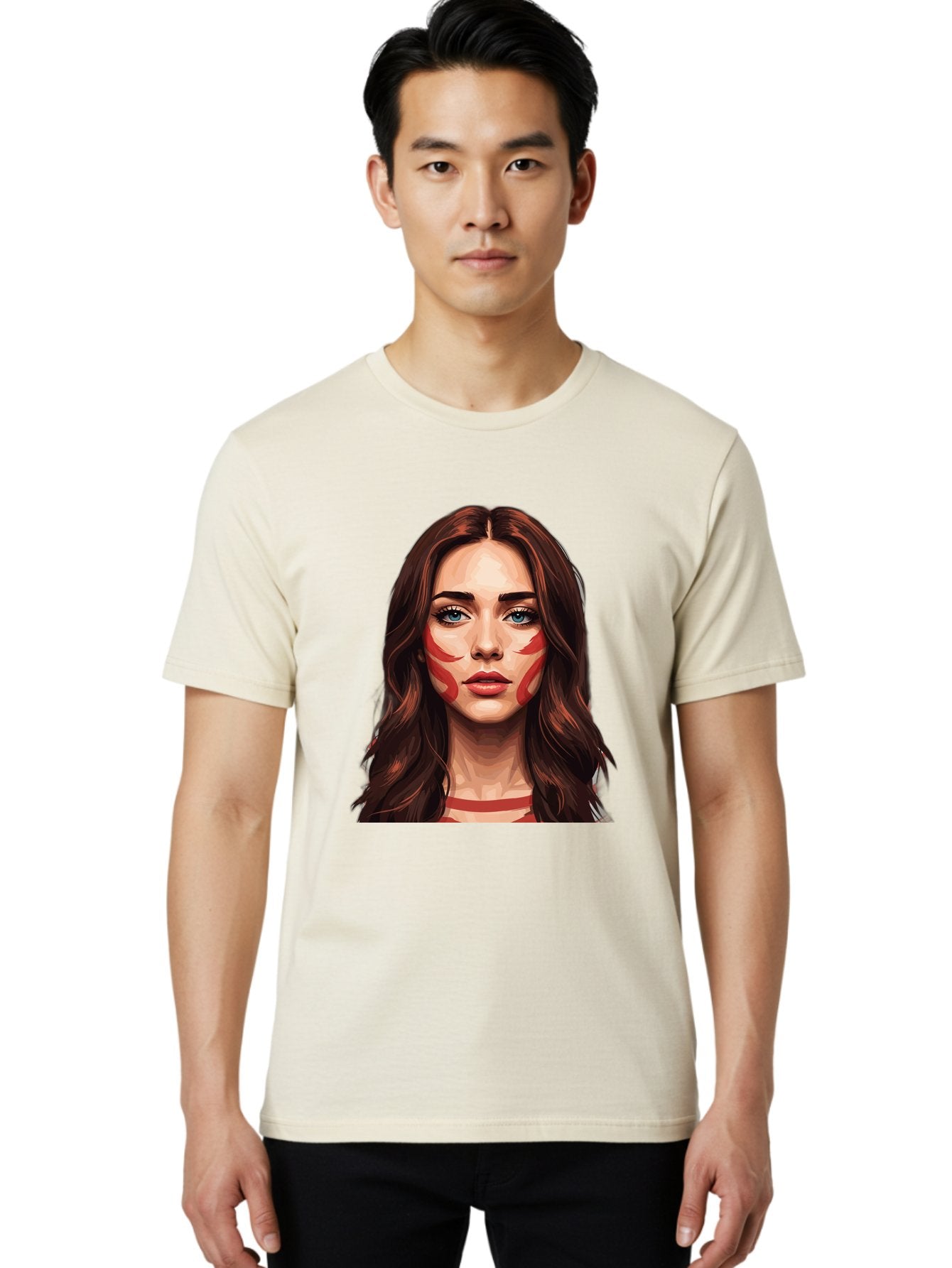 Red-Warrior-Woman Men'S Graphic Tee, 100% Cotton, Comfortable Casual Summer Wear, Machine Washable, Digital Art, Portrait Of A Woman, Red Stripes On Face, Blue Eyes, Long Brown Hair, Red Choker, Bold Makeup, Artistic Expression, Bad487 20