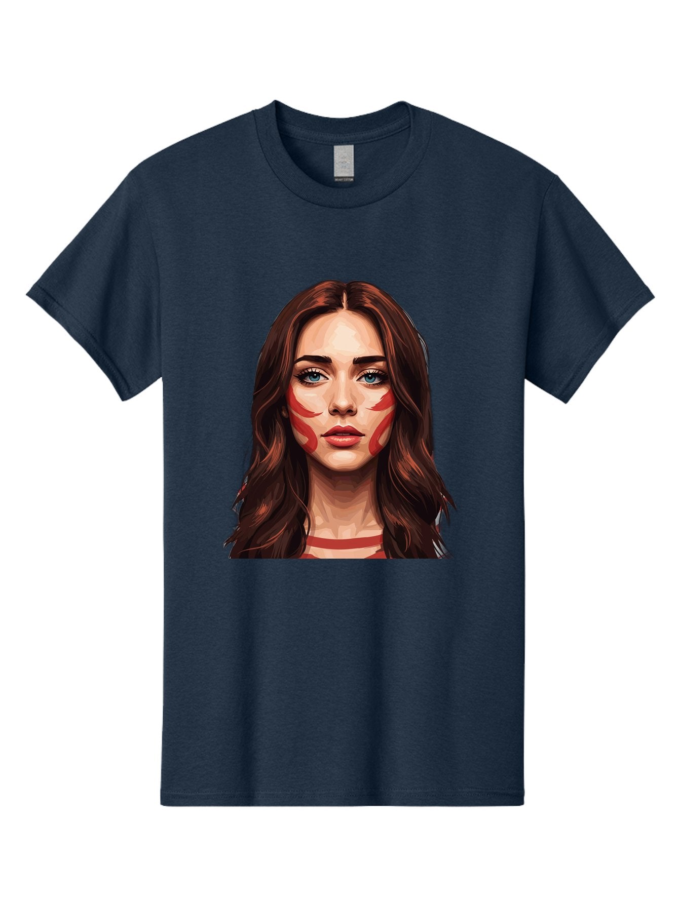 Red-Warrior-Woman Men'S Graphic Tee, 100% Cotton, Comfortable Casual Summer Wear, Machine Washable, Digital Art, Portrait Of A Woman, Red Stripes On Face, Blue Eyes, Long Brown Hair, Red Choker, Bold Makeup, Artistic Expression, Bad487 8