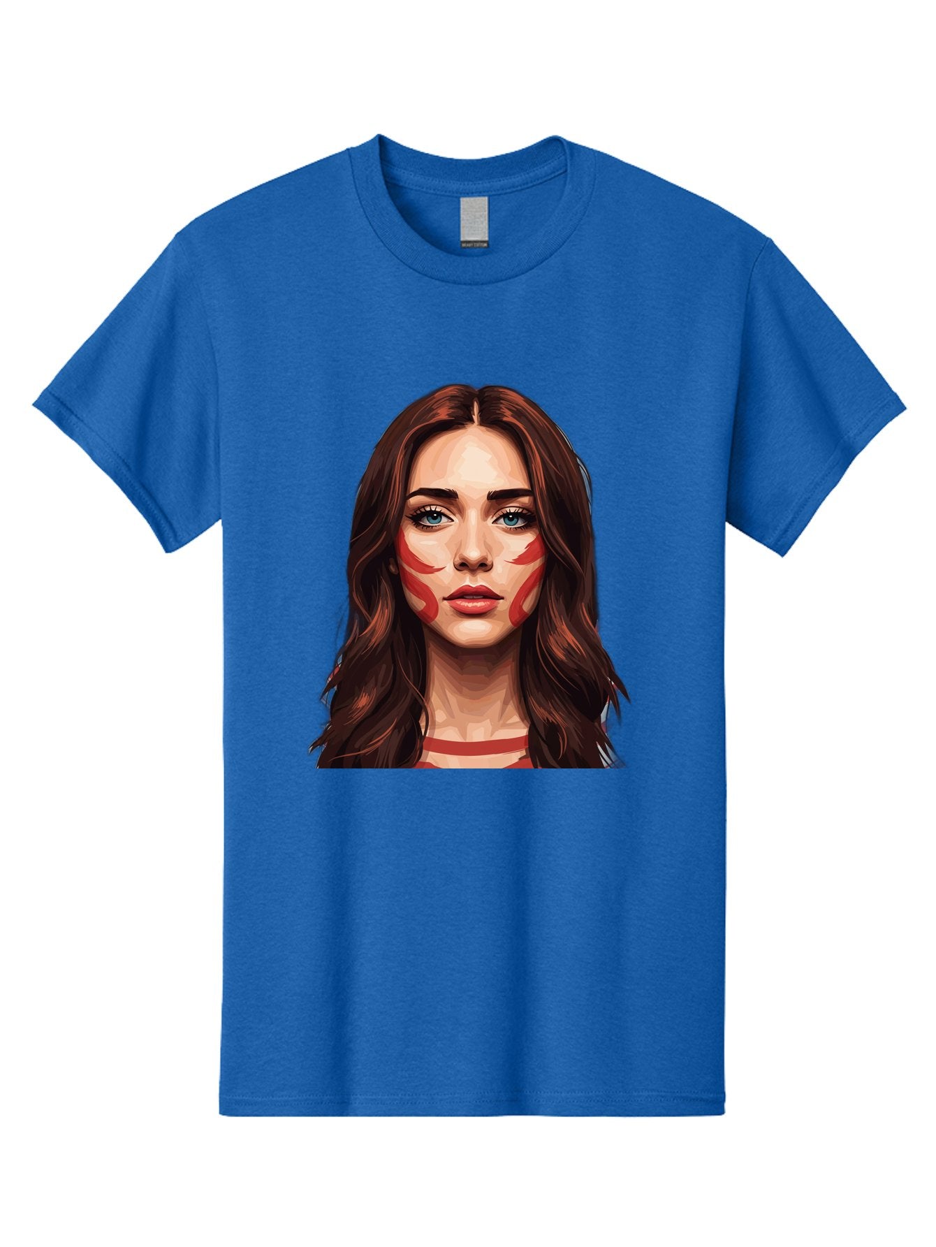 Red-Warrior-Woman Men'S Graphic Tee, 100% Cotton, Comfortable Casual Summer Wear, Machine Washable, Digital Art, Portrait Of A Woman, Red Stripes On Face, Blue Eyes, Long Brown Hair, Red Choker, Bold Makeup, Artistic Expression, Bad487 4