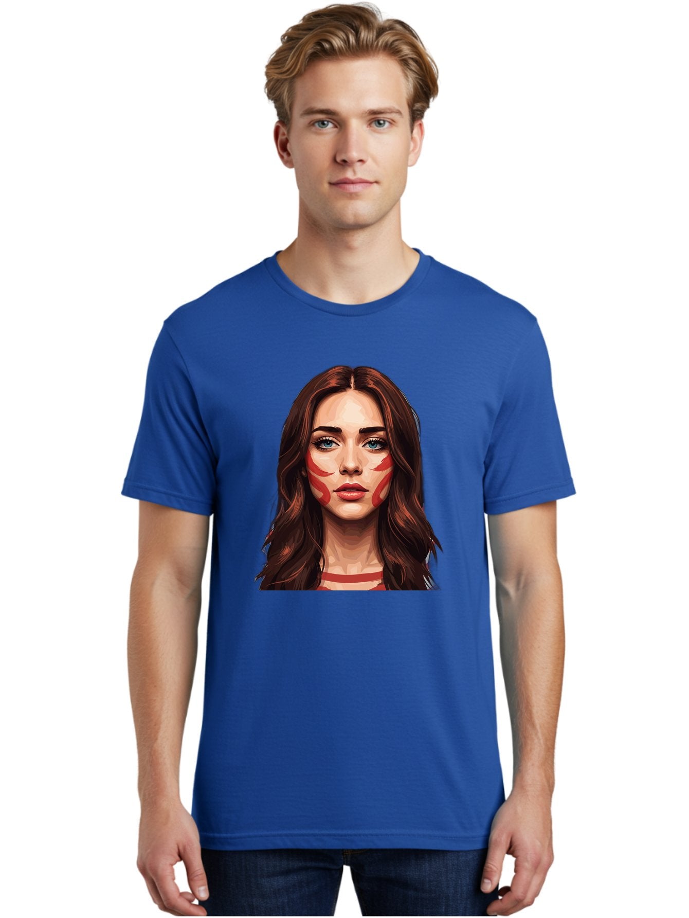 Red-Warrior-Woman Men'S Graphic Tee, 100% Cotton, Comfortable Casual Summer Wear, Machine Washable, Digital Art, Portrait Of A Woman, Red Stripes On Face, Blue Eyes, Long Brown Hair, Red Choker, Bold Makeup, Artistic Expression, Bad487 18
