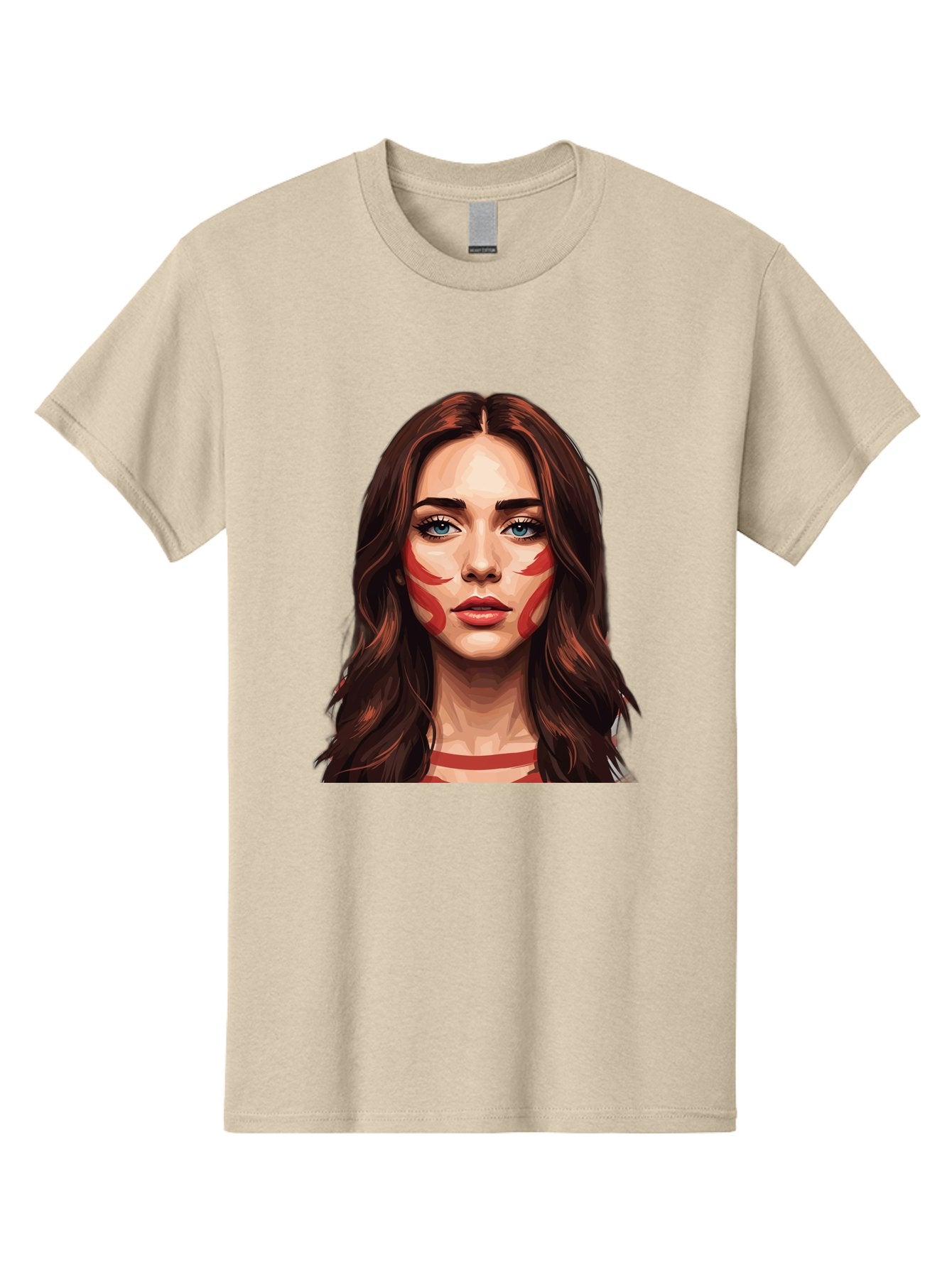 Red-Warrior-Woman Men'S Graphic Tee, 100% Cotton, Comfortable Casual Summer Wear, Machine Washable, Digital Art, Portrait Of A Woman, Red Stripes On Face, Blue Eyes, Long Brown Hair, Red Choker, Bold Makeup, Artistic Expression, Bad487 6