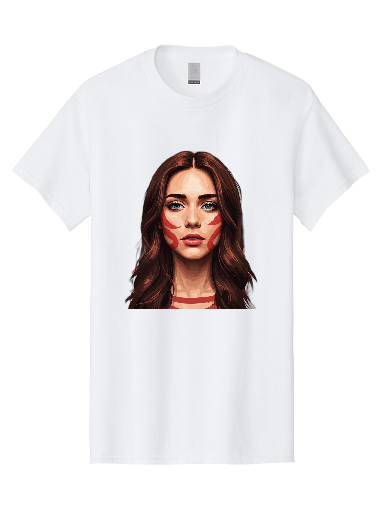 Red-Warrior-Woman Men'S Graphic Tee, 100% Cotton, Comfortable Casual Summer Wear, Machine Washable, Digital Art, Portrait Of A Woman, Red Stripes On Face, Blue Eyes, Long Brown Hair, Red Choker, Bold Makeup, Artistic Expression, Bad487 14