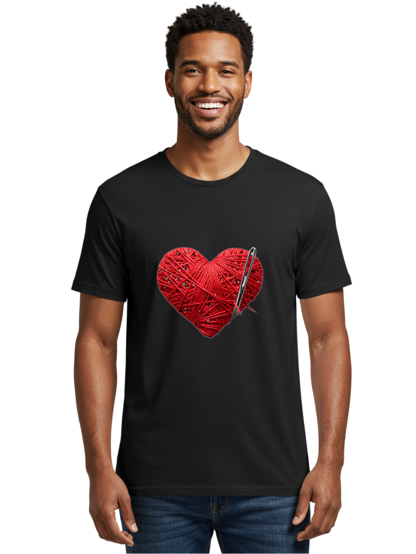 Red-Yarn-Heart Men'S Graphic Tee, 100% Cotton, Comfortable Casual Summer Wear, Machine Washable, Heart Made Of Red Yarn, Knitting Needle, Creative Craft, Handmade Love, Diy Project, Cozy Atmosphere, Knitting Hobby Bad488 28
