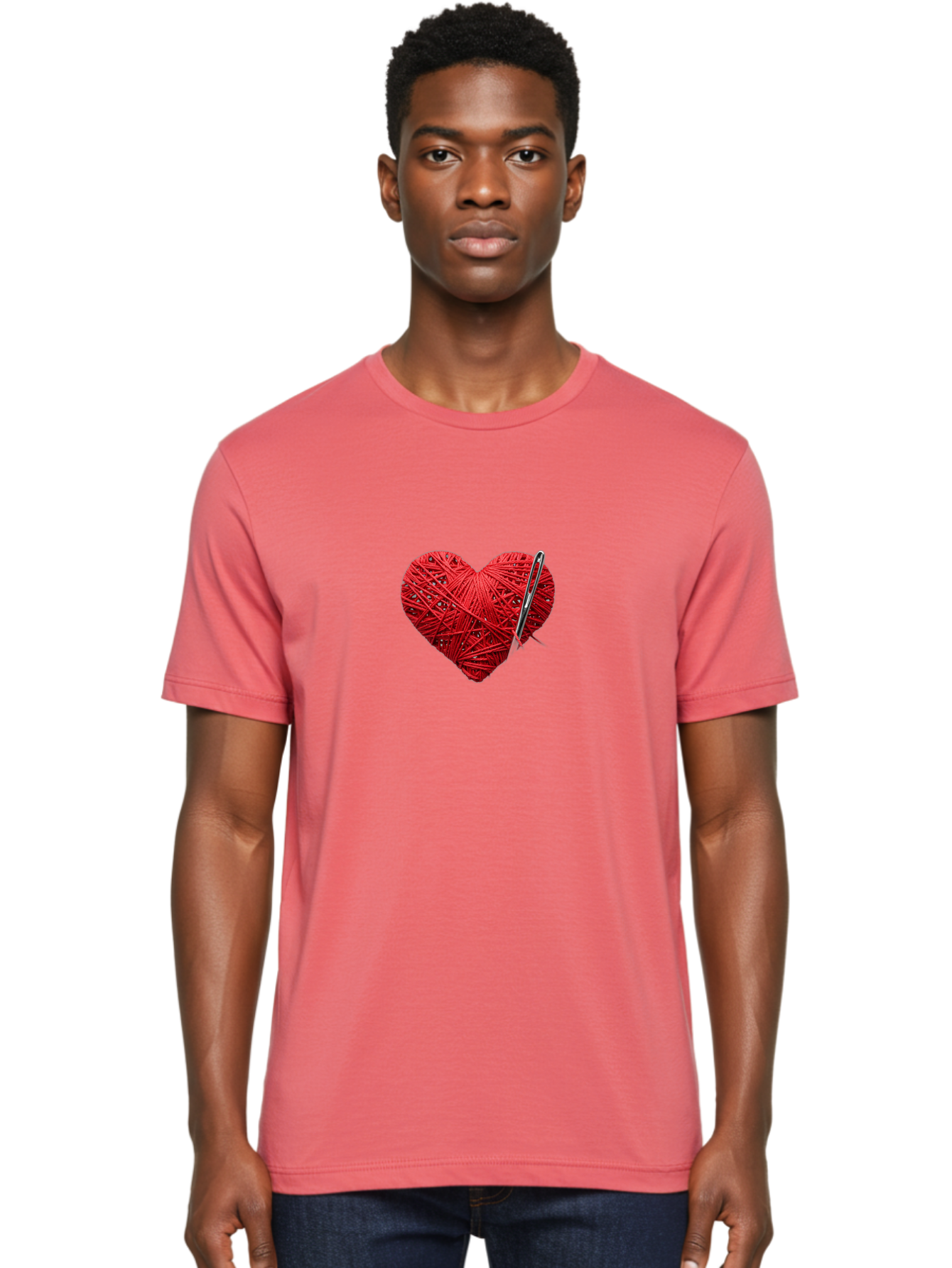 Red-Yarn-Heart Men'S Graphic Tee, 100% Cotton, Comfortable Casual Summer Wear, Machine Washable, Heart Made Of Red Yarn, Knitting Needle, Creative Craft, Handmade Love, Diy Project, Cozy Atmosphere, Knitting Hobby Bad488 21