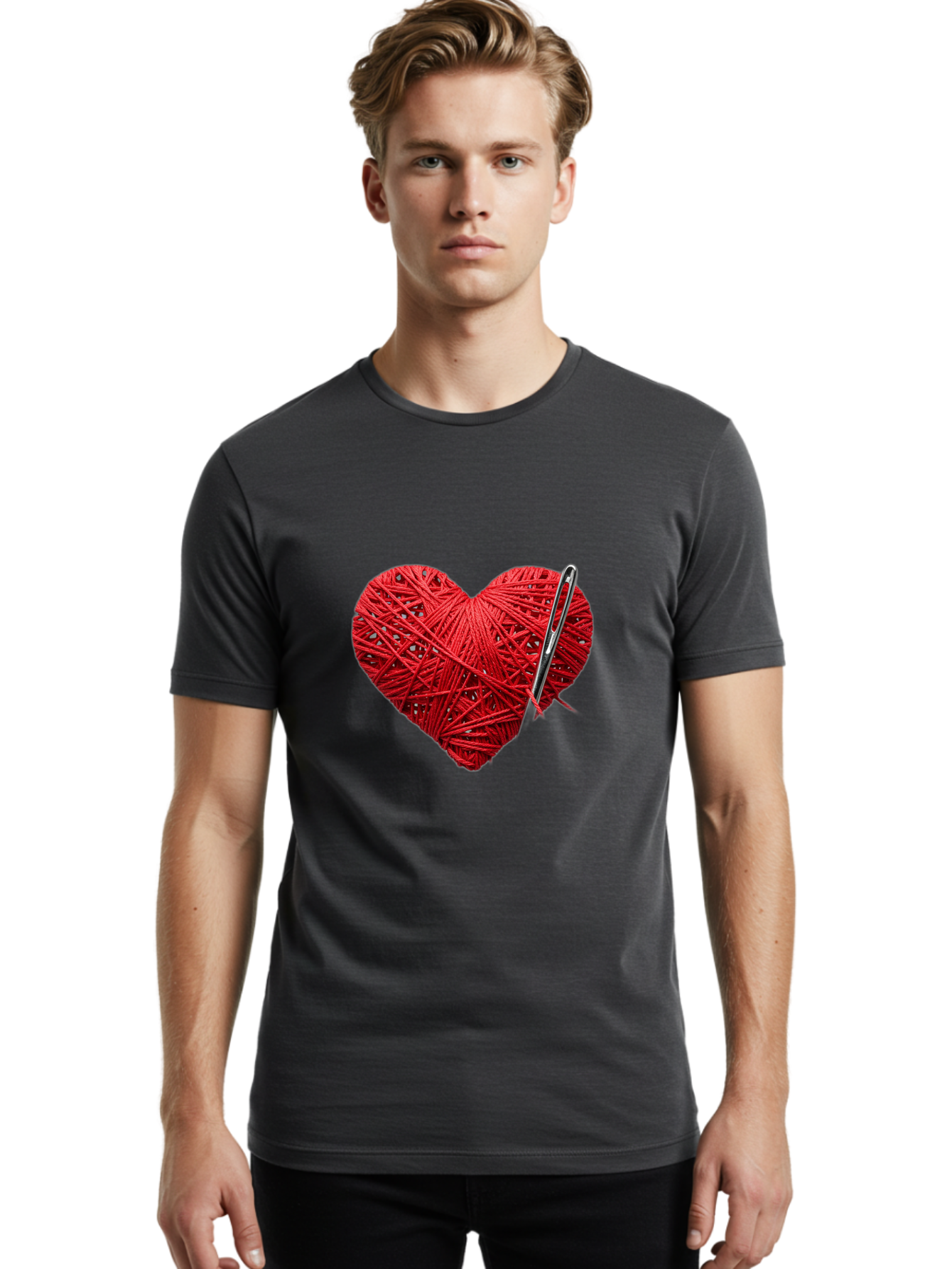 Red-Yarn-Heart Men'S Graphic Tee, 100% Cotton, Comfortable Casual Summer Wear, Machine Washable, Heart Made Of Red Yarn, Knitting Needle, Creative Craft, Handmade Love, Diy Project, Cozy Atmosphere, Knitting Hobby Bad488 26