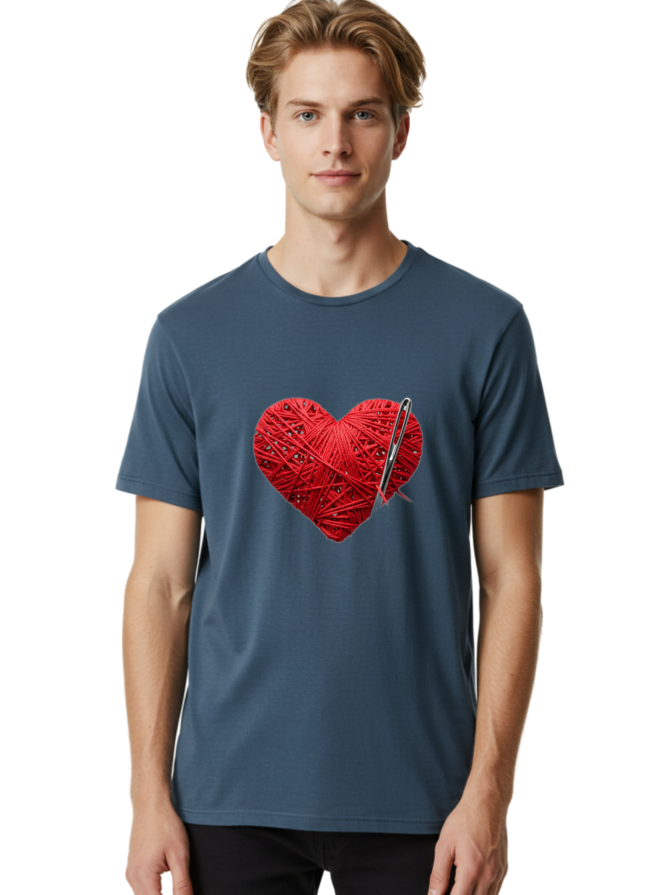Red-Yarn-Heart Men'S Graphic Tee, 100% Cotton, Comfortable Casual Summer Wear, Machine Washable, Heart Made Of Red Yarn, Knitting Needle, Creative Craft, Handmade Love, Diy Project, Cozy Atmosphere, Knitting Hobby Bad488 17