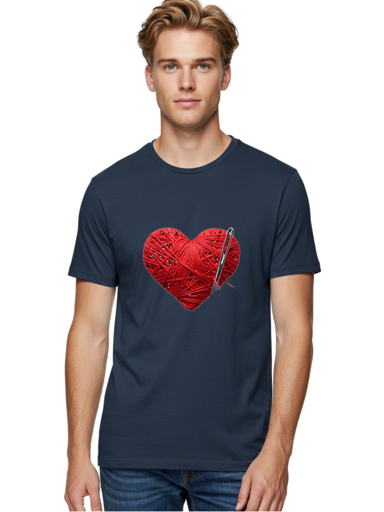 Red-Yarn-Heart Men'S Graphic Tee, 100% Cotton, Comfortable Casual Summer Wear, Machine Washable, Heart Made Of Red Yarn, Knitting Needle, Creative Craft, Handmade Love, Diy Project, Cozy Atmosphere, Knitting Hobby Bad488 22