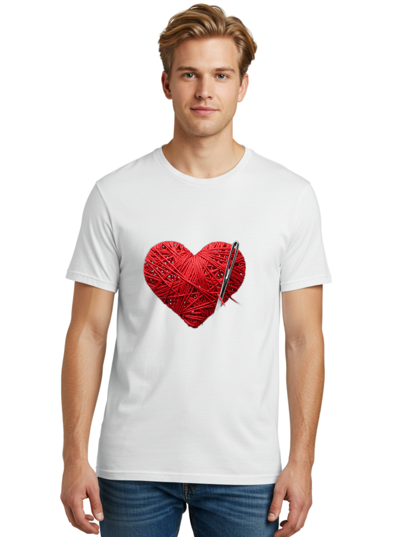 Red-Yarn-Heart Men'S Graphic Tee, 100% Cotton, Comfortable Casual Summer Wear, Machine Washable, Heart Made Of Red Yarn, Knitting Needle, Creative Craft, Handmade Love, Diy Project, Cozy Atmosphere, Knitting Hobby Bad488 23