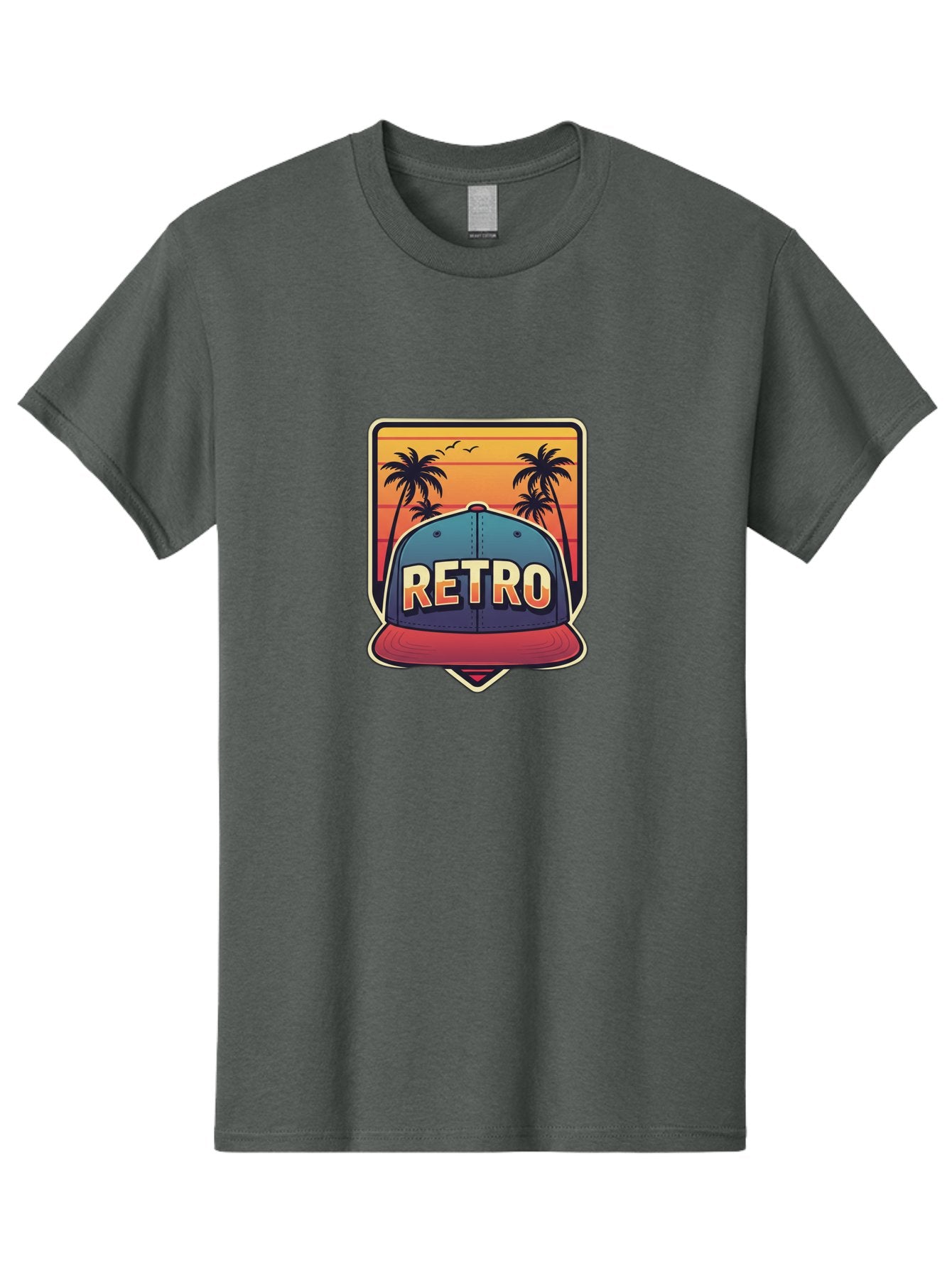 Retro Men'S Graphic Tee, 100% Cotton, Comfortable Casual Summer Wear, Machine Washable, Retro Style Baseball Cap, Vintage Fashion, Nostalgic Design, Palm Trees, Sunset Landscape, Orange Sky, Yellow Text, Red Brim, Blue Cap, Classic Look, Bad489 10