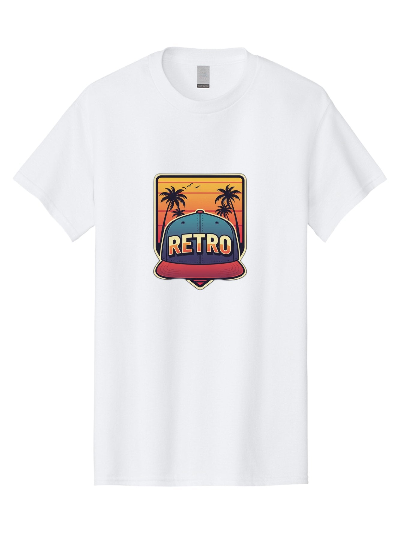 Retro Men'S Graphic Tee, 100% Cotton, Comfortable Casual Summer Wear, Machine Washable, Retro Style Baseball Cap, Vintage Fashion, Nostalgic Design, Palm Trees, Sunset Landscape, Orange Sky, Yellow Text, Red Brim, Blue Cap, Classic Look, Bad489 7