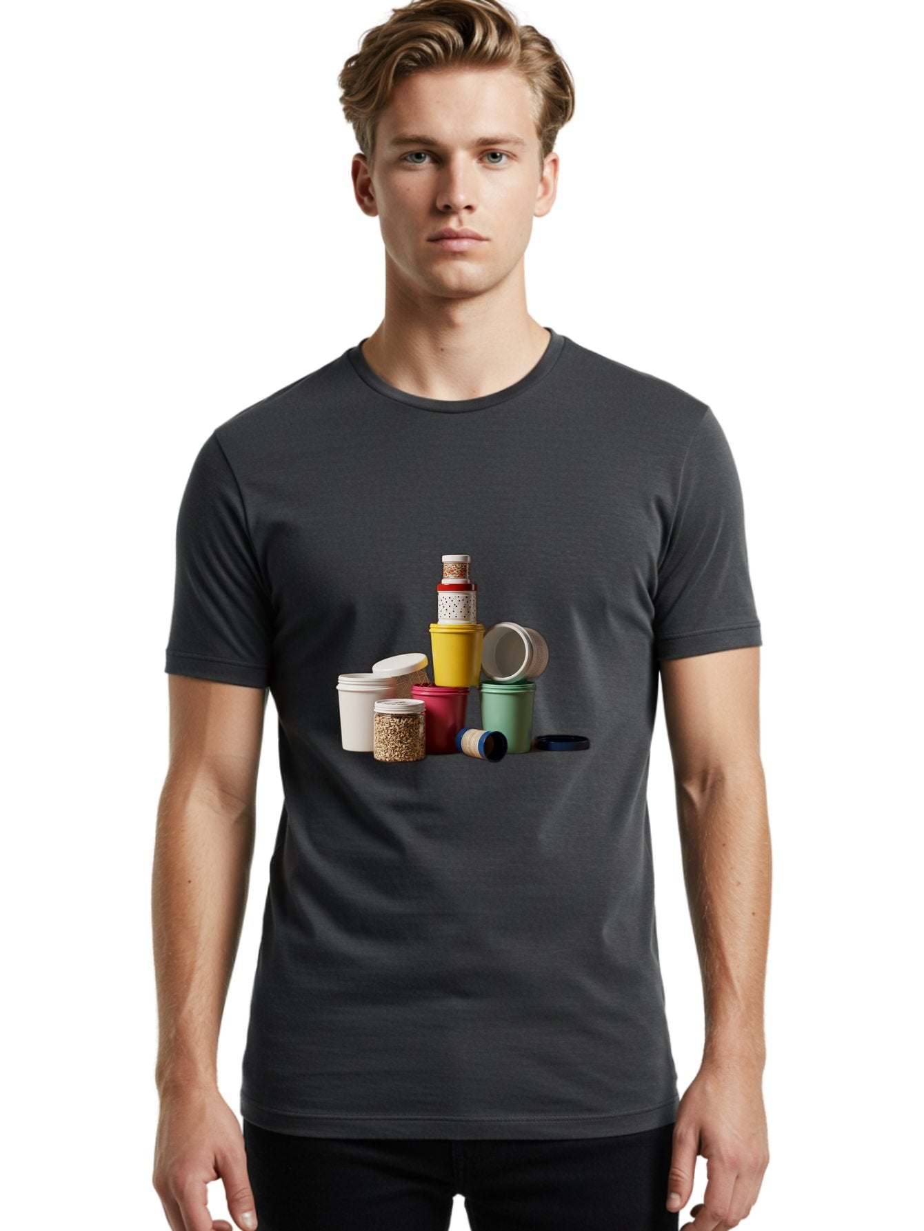 Reusable-Containers Men'S Graphic Tee, 100% Cotton, Comfortable Casual Summer Wear, Machine Washable, Stacked Containers, Colorful Storage, Kitchen Organization, Various Sizes, Open And Closed Lids, Food Storage, Eco-Friendly Packaging, Bad490 16
