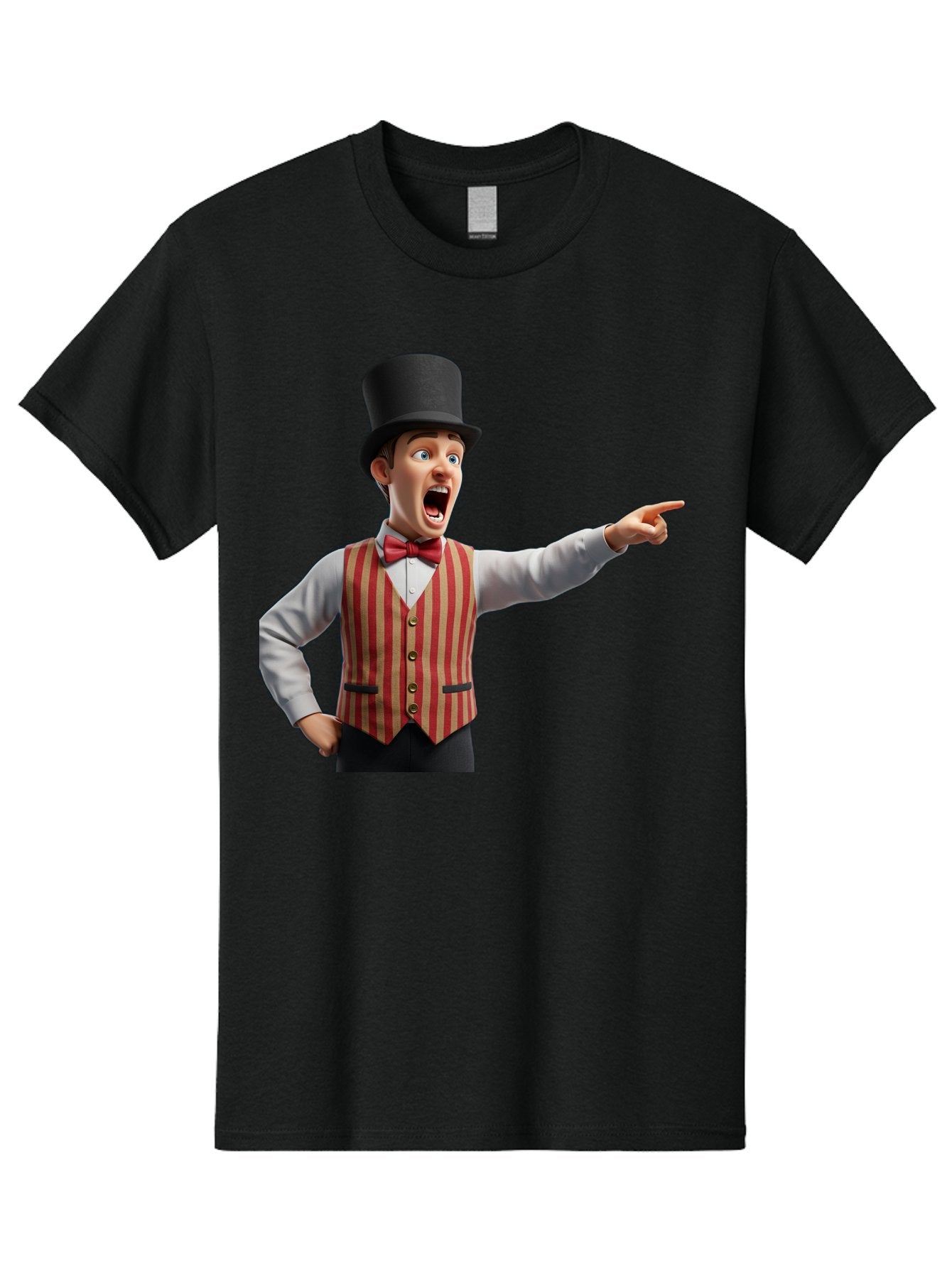 Ringmaster Men'S Graphic Tee, 100% Cotton, Comfortable Casual Summer Wear, Machine Washable, Cartoon Ringmaster, Striped Vest, Top Hat, Bow Tie, Pointing Gesture, Circus Performer, Cartoon Character, Red And White Stripes, Bad491