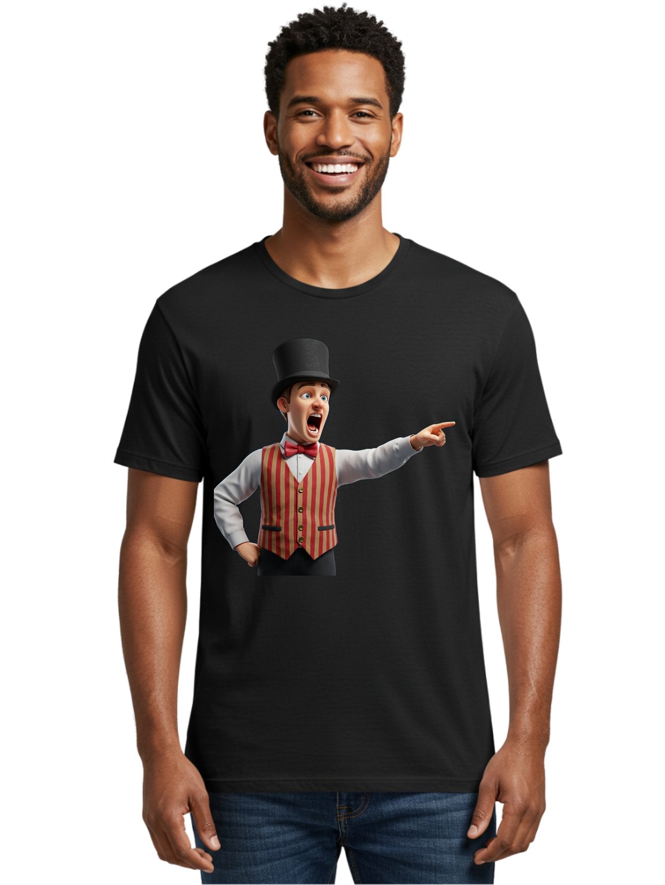 Ringmaster Men'S Graphic Tee, 100% Cotton, Comfortable Casual Summer Wear, Machine Washable, Cartoon Ringmaster, Striped Vest, Top Hat, Bow Tie, Pointing Gesture, Circus Performer, Cartoon Character, Red And White Stripes, Bad491 21