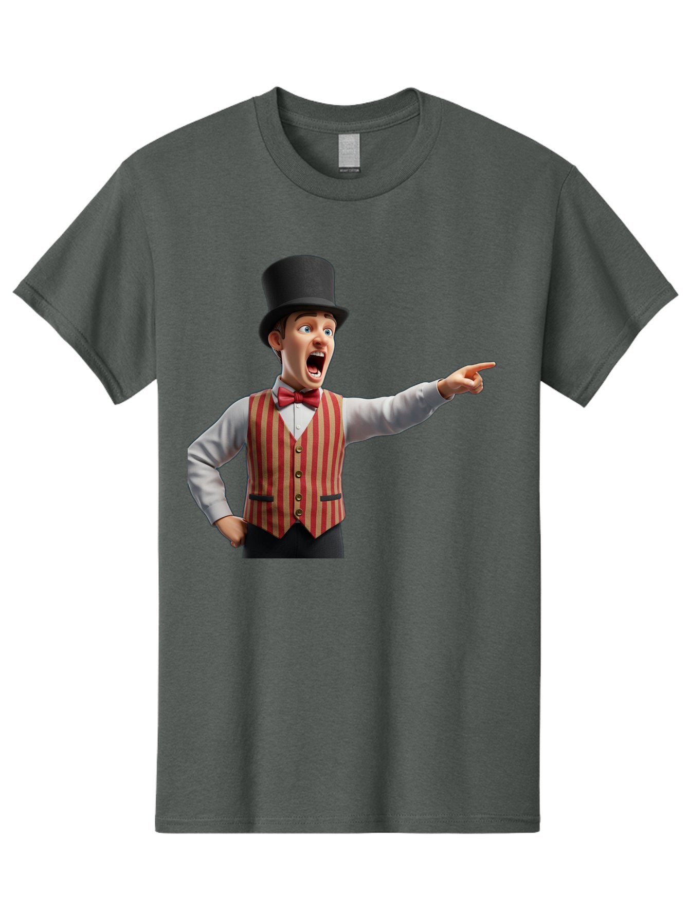 Ringmaster Men'S Graphic Tee, 100% Cotton, Comfortable Casual Summer Wear, Machine Washable, Cartoon Ringmaster, Striped Vest, Top Hat, Bow Tie, Pointing Gesture, Circus Performer, Cartoon Character, Red And White Stripes, Bad491 15