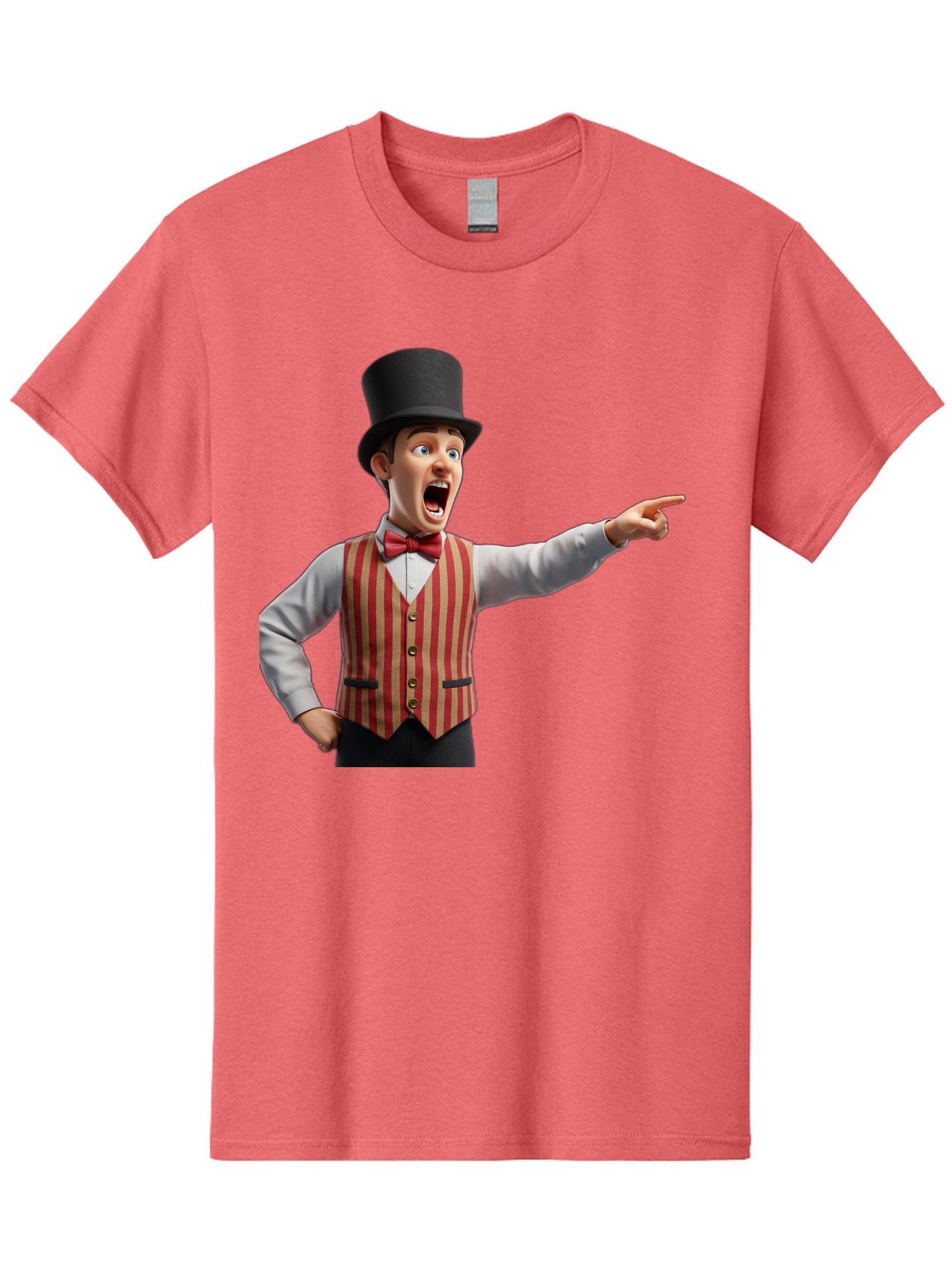 Ringmaster Men'S Graphic Tee, 100% Cotton, Comfortable Casual Summer Wear, Machine Washable, Cartoon Ringmaster, Striped Vest, Top Hat, Bow Tie, Pointing Gesture, Circus Performer, Cartoon Character, Red And White Stripes, Bad491 3