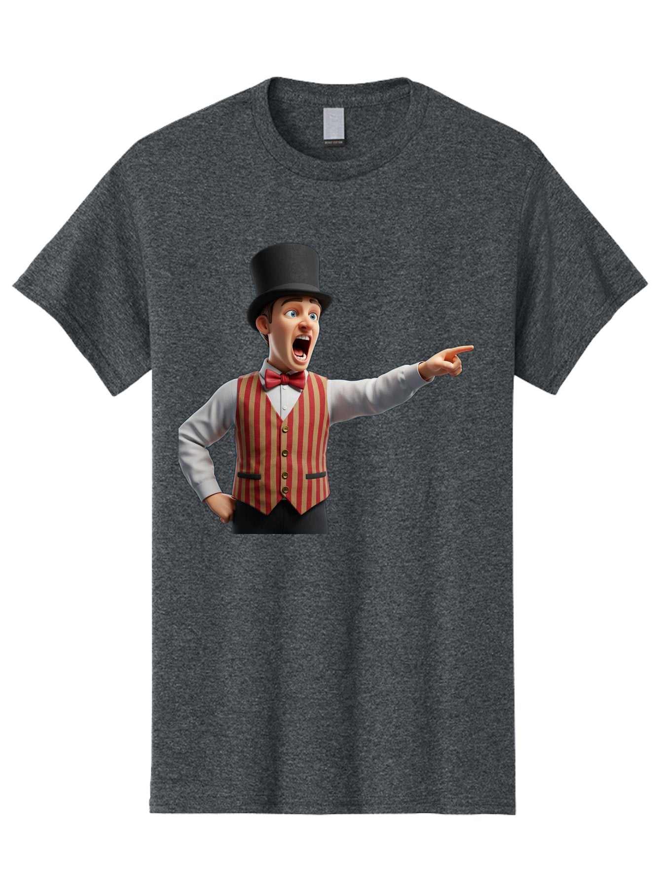 Ringmaster Men'S Graphic Tee, 100% Cotton, Comfortable Casual Summer Wear, Machine Washable, Cartoon Ringmaster, Striped Vest, Top Hat, Bow Tie, Pointing Gesture, Circus Performer, Cartoon Character, Red And White Stripes, Bad491 6