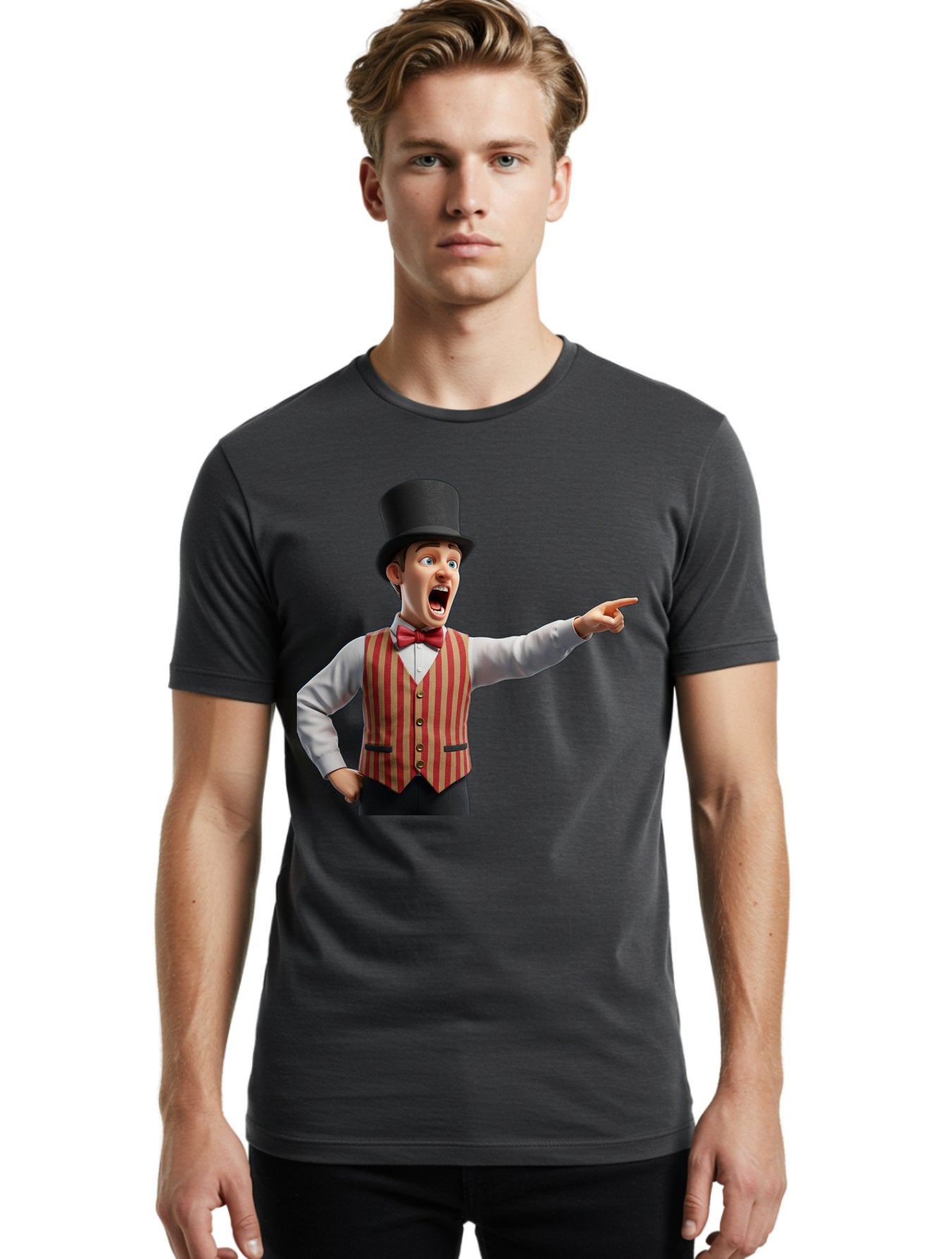 Ringmaster Men'S Graphic Tee, 100% Cotton, Comfortable Casual Summer Wear, Machine Washable, Cartoon Ringmaster, Striped Vest, Top Hat, Bow Tie, Pointing Gesture, Circus Performer, Cartoon Character, Red And White Stripes, Bad491 24